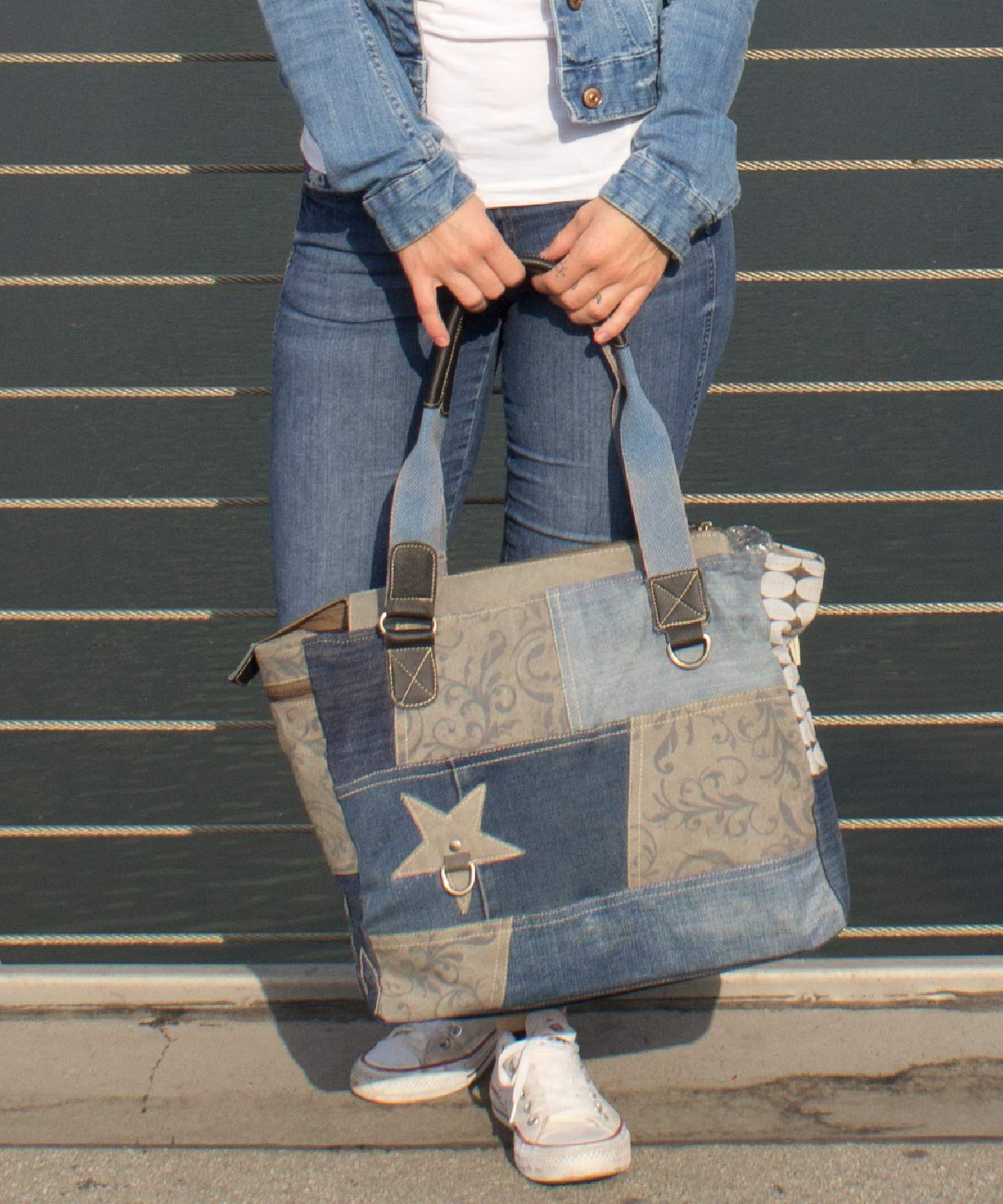 Sunsa Handtasche. Damen Tasche. Große Damentasche. Nachhaltige Shopper. Schultertasche aus recycelte Jeans Stoff & Canvas in Retro Vintage Stil