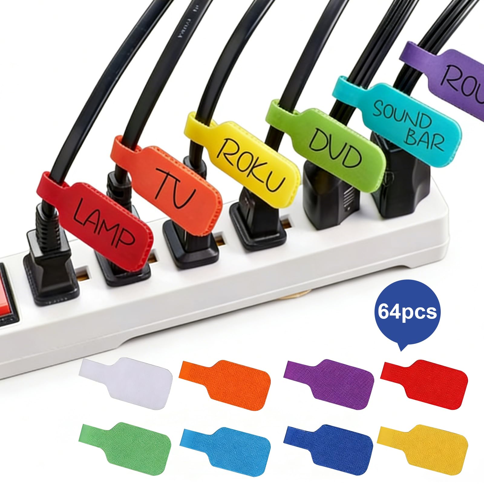64 Pcs Cable Labels Tags Write on with 8 Colors Cable Tags, Self-Adhesive Plug Wire Labels, Hook and Loop Fastener, Reusable Cable Markers for Cord Management and Identification