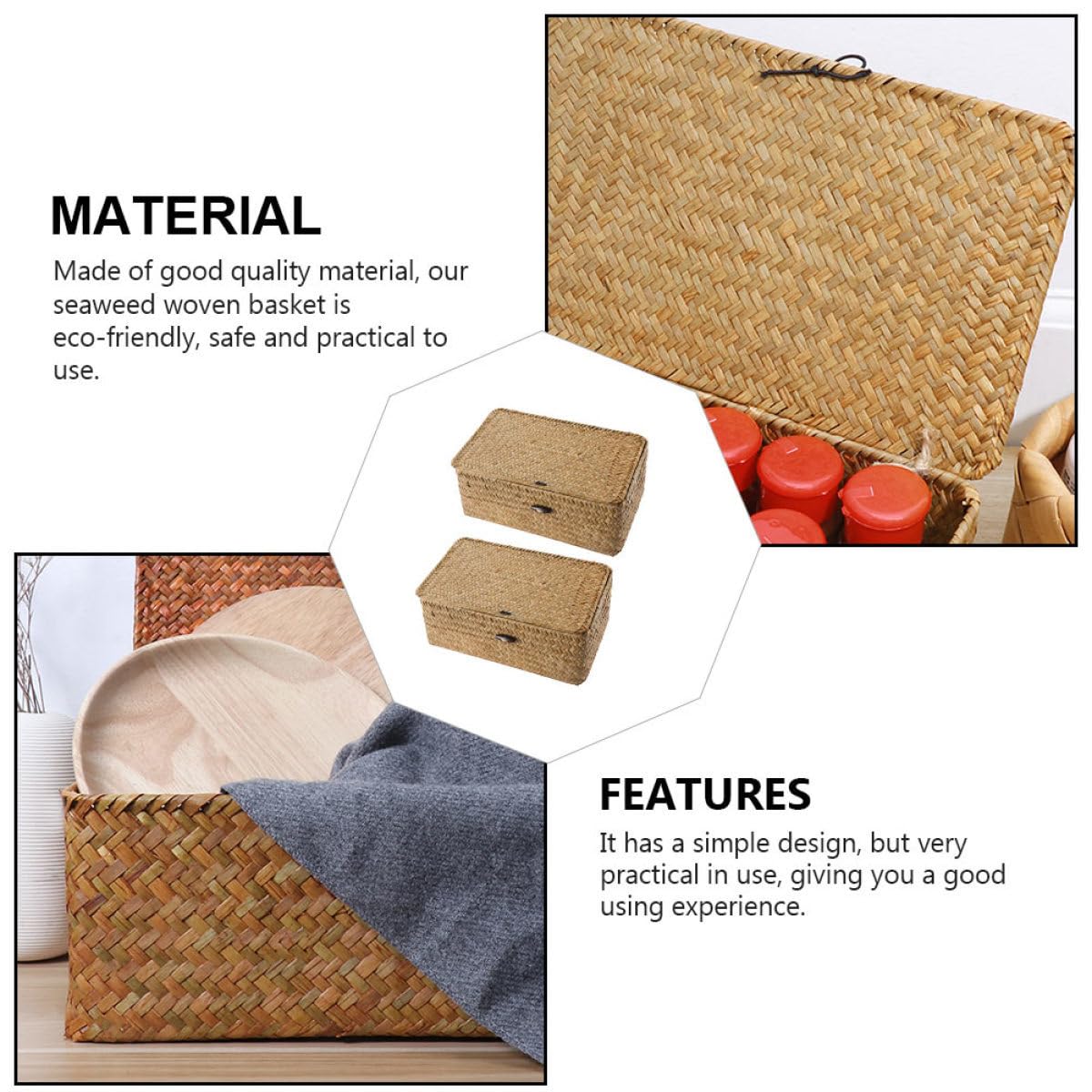 KOMBIUDA 2pièces Panier De Rangement Mer De Plage Avec Couvercle De Boîtes Organisatrices Naturelle Pour Rangement De Vêtements Maquillage Et Décoration Intérieur