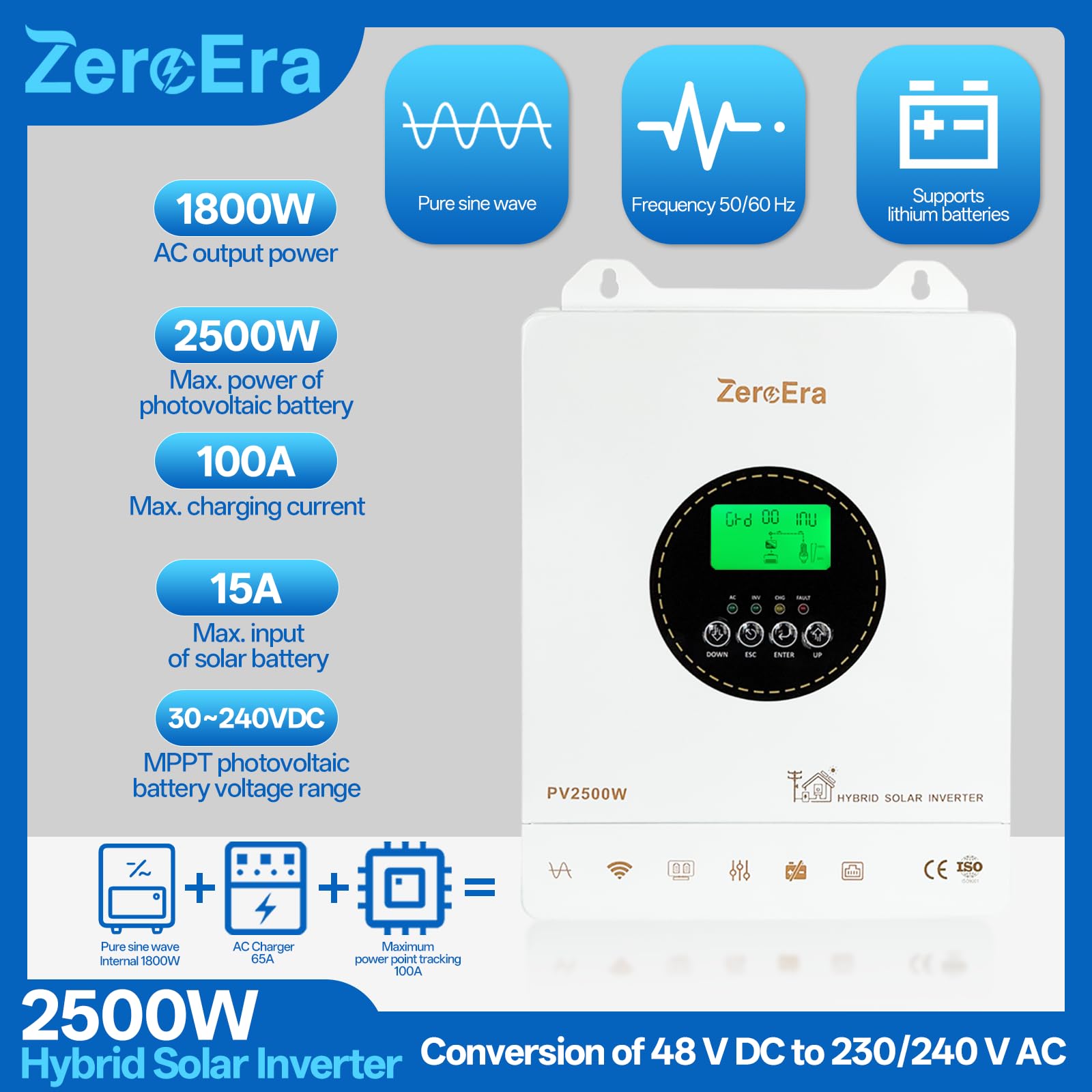 Inverter ibrido 12 V 1800 W, inverter ibrido solare, sinusoidale puro, supporta funzionamento senza batteria, 12 V DC fino a 230 V AC, regolatore di carica MPPT integrato, ideale, sistema di