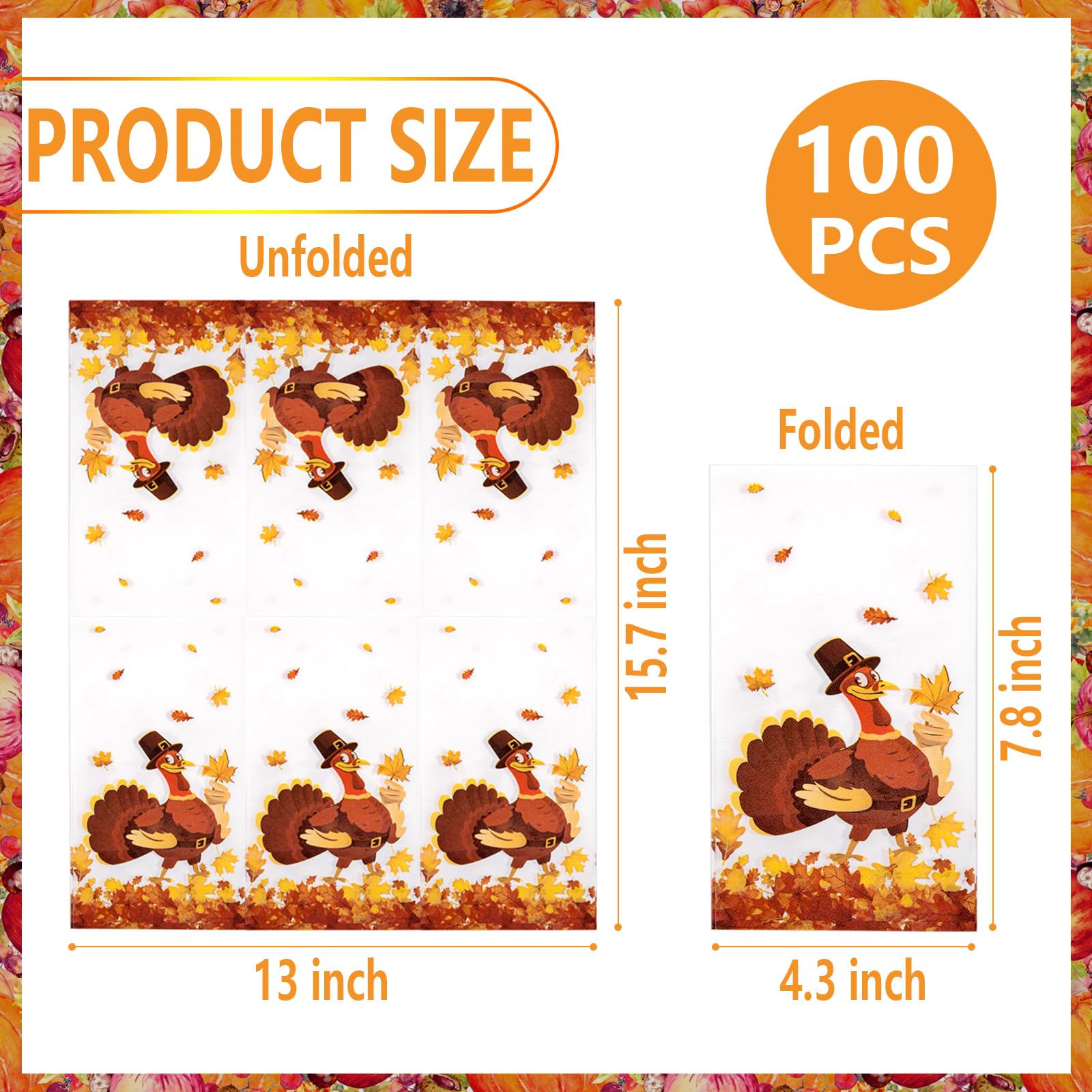 100-Pack Thanksgiving Turkey Napkins – 3-Ply Fall Paper Guest Napkins, Orange