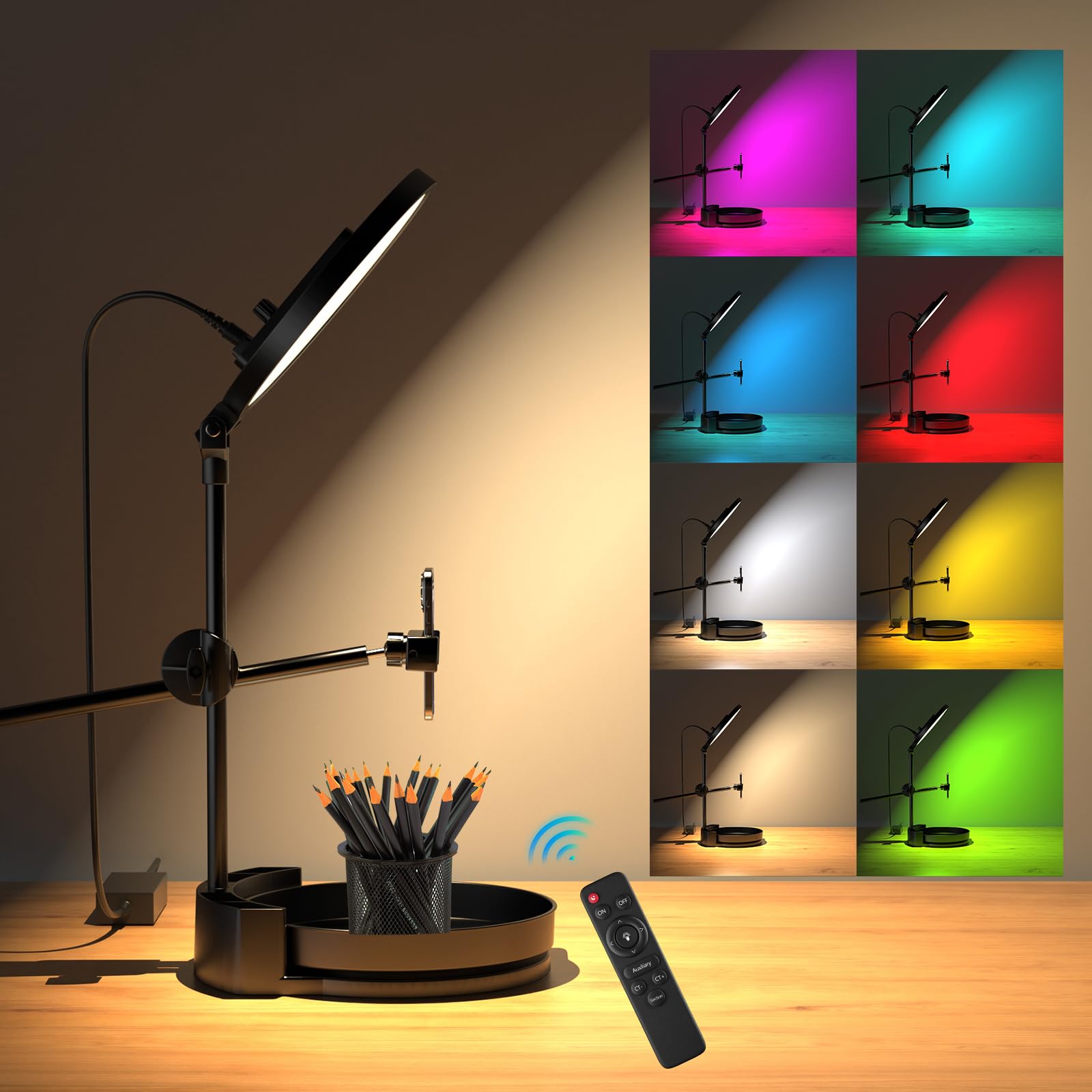 Kit di luci per selfie per scrivania e laptop, 55 W, dimmerabile, luce ad anello a schermo intero, con scatola girevole, portapenne, supporto per telefono e controller (nero-GB, 10,5)