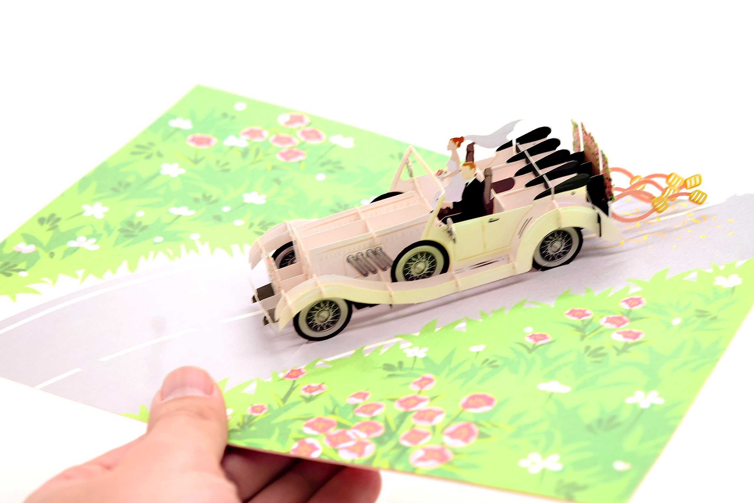 3D Pop Up Hochzeitskarte 'Just Married' - Vintage Design Mit Pinkem Hochzeitsauto