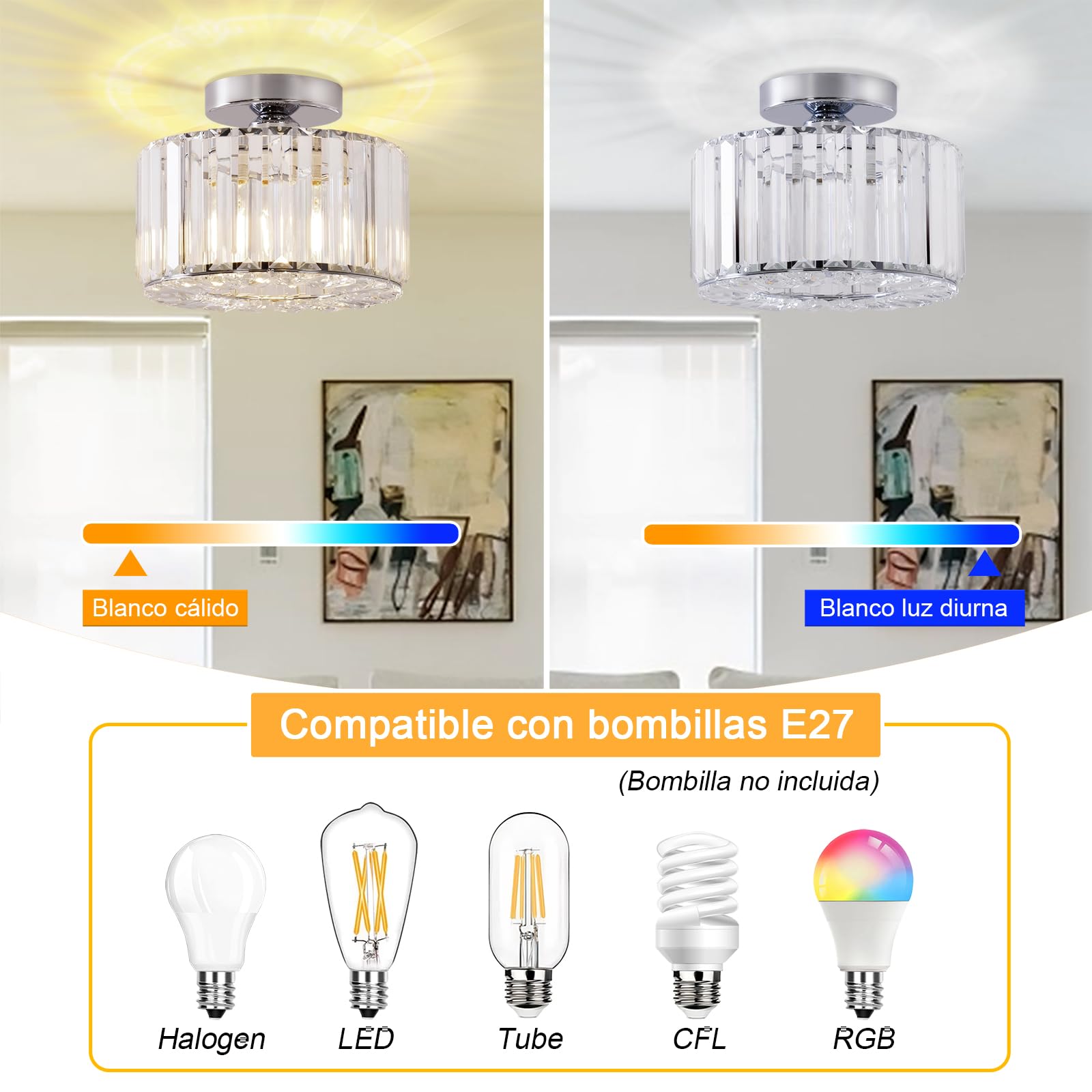 Lámpara de Techo de Cristal Moderna, Luz de Techo Plata, E27 Lámpara de Araña con Pantalla de Cristal para Pasillo Entrada Cocina Dormitorio Sala de Estar