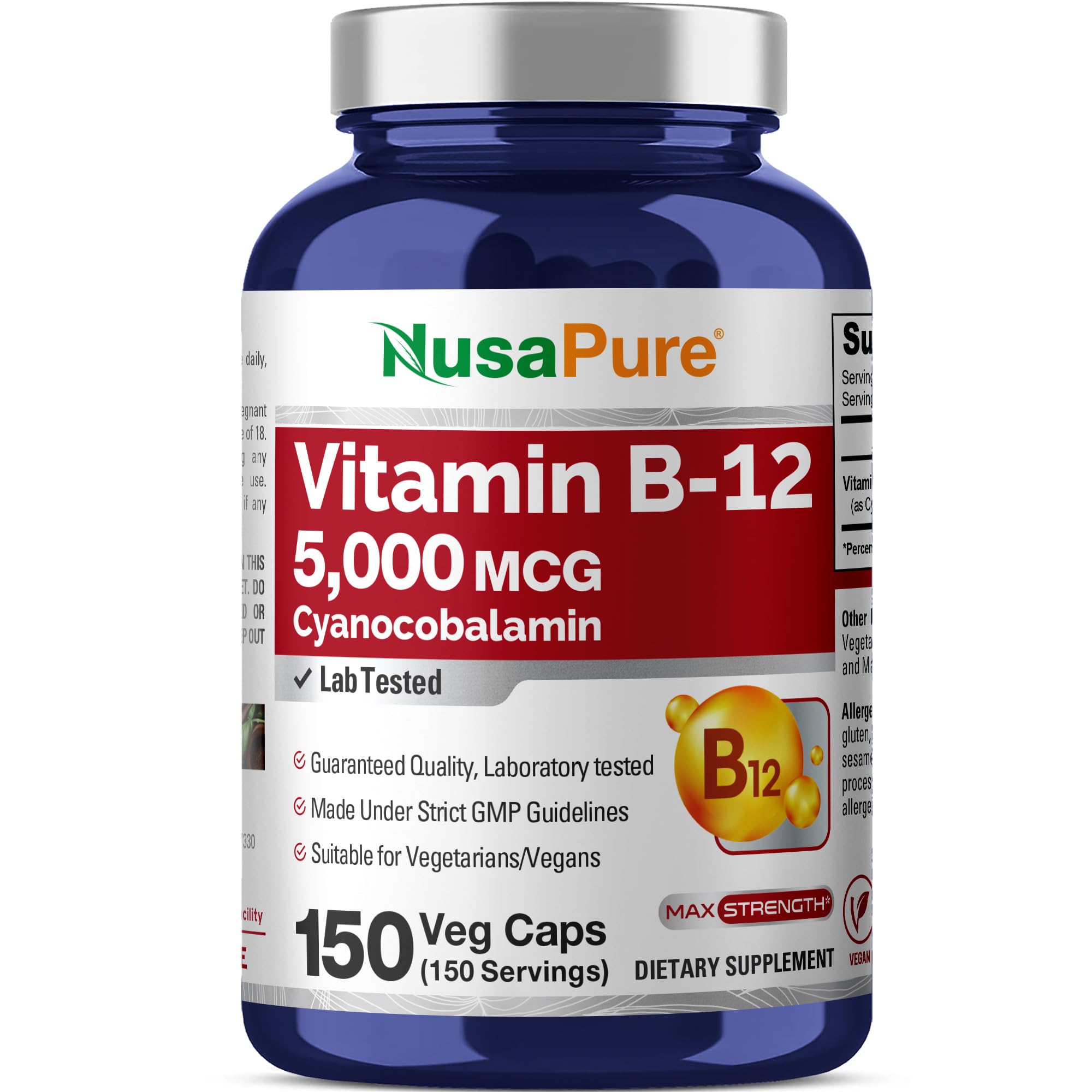 Vitamin B12, Max Strength, Non-GMO, Vegan, 5000mcg, 150 Caps - 150 Servings