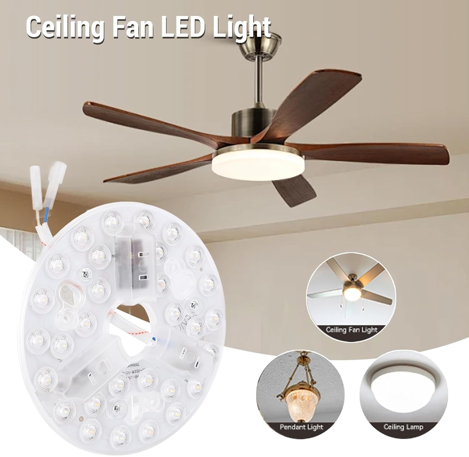 5.3 Inch Ceiling Fan LED Light, 3000K 4200K 6500K LED Retrofit Kit Replacement 3 Color Change, 15W 95 to 265V Round Light Board Panel