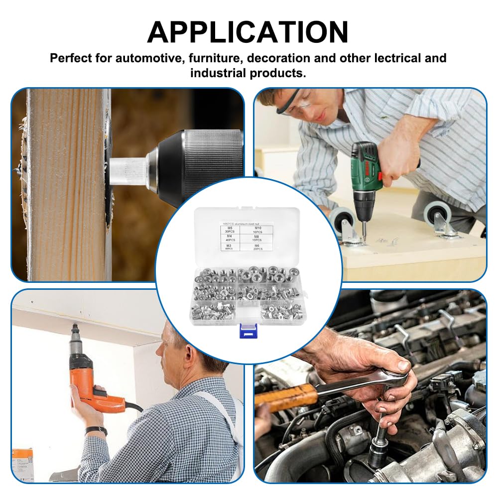 165 Écrous à Rivets en Aluminium, M3 M4 M5 M6 M8 M10 Écrous à Riveter | Écrous Filetés à Tête Plate, Ecrou a Sertir, avec Boîte de Rangement, pour Plaques Métalliques, Bois, Automobiles