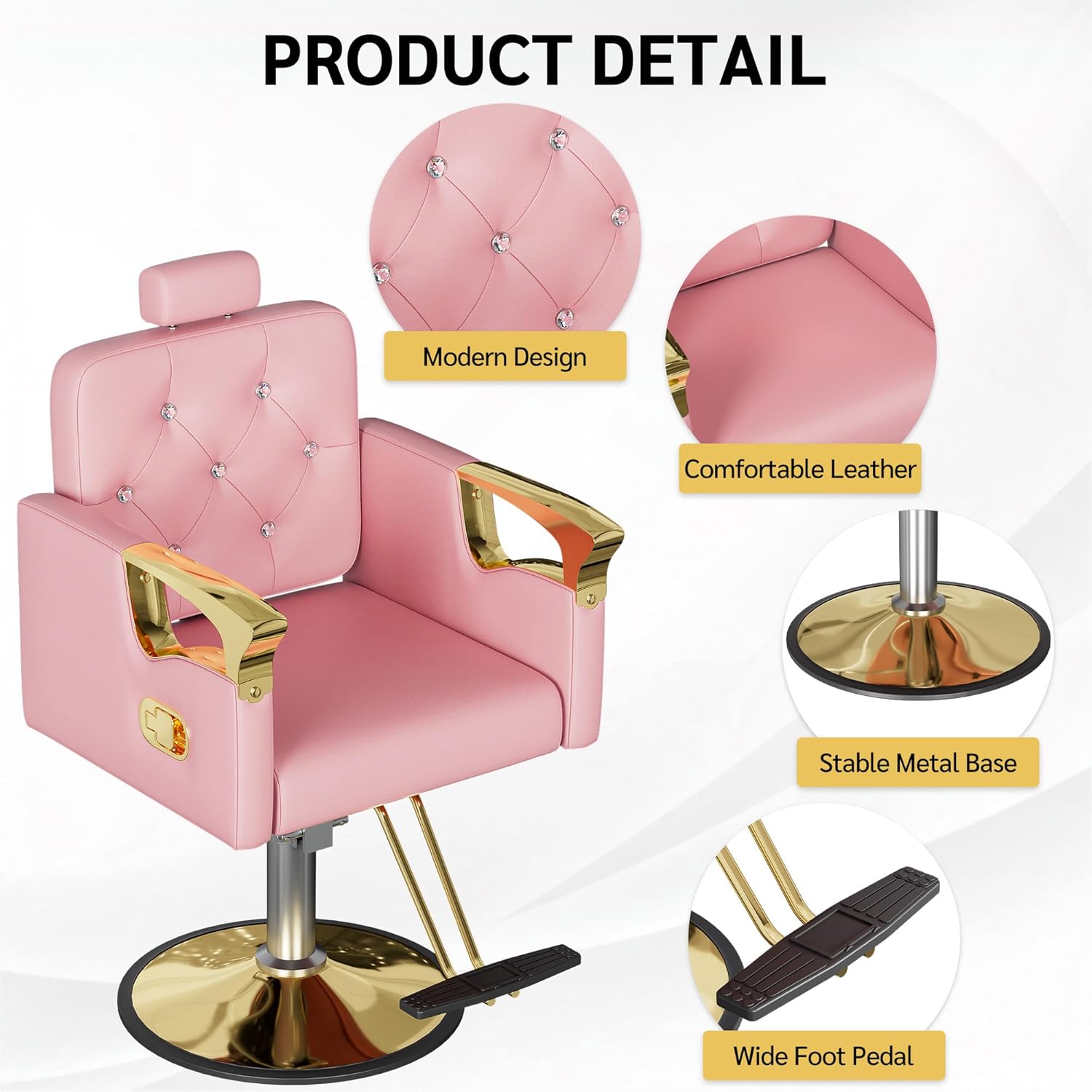 Barber Chair for Hair Stylists, Hydraulic Styling Chair with Heavy Duty Pump, 360° Swivel Barber Chairs with Reclining, Adjustable Headrest, Beauty Salon Equipment, 330 Lbs (Pink-Gold)
