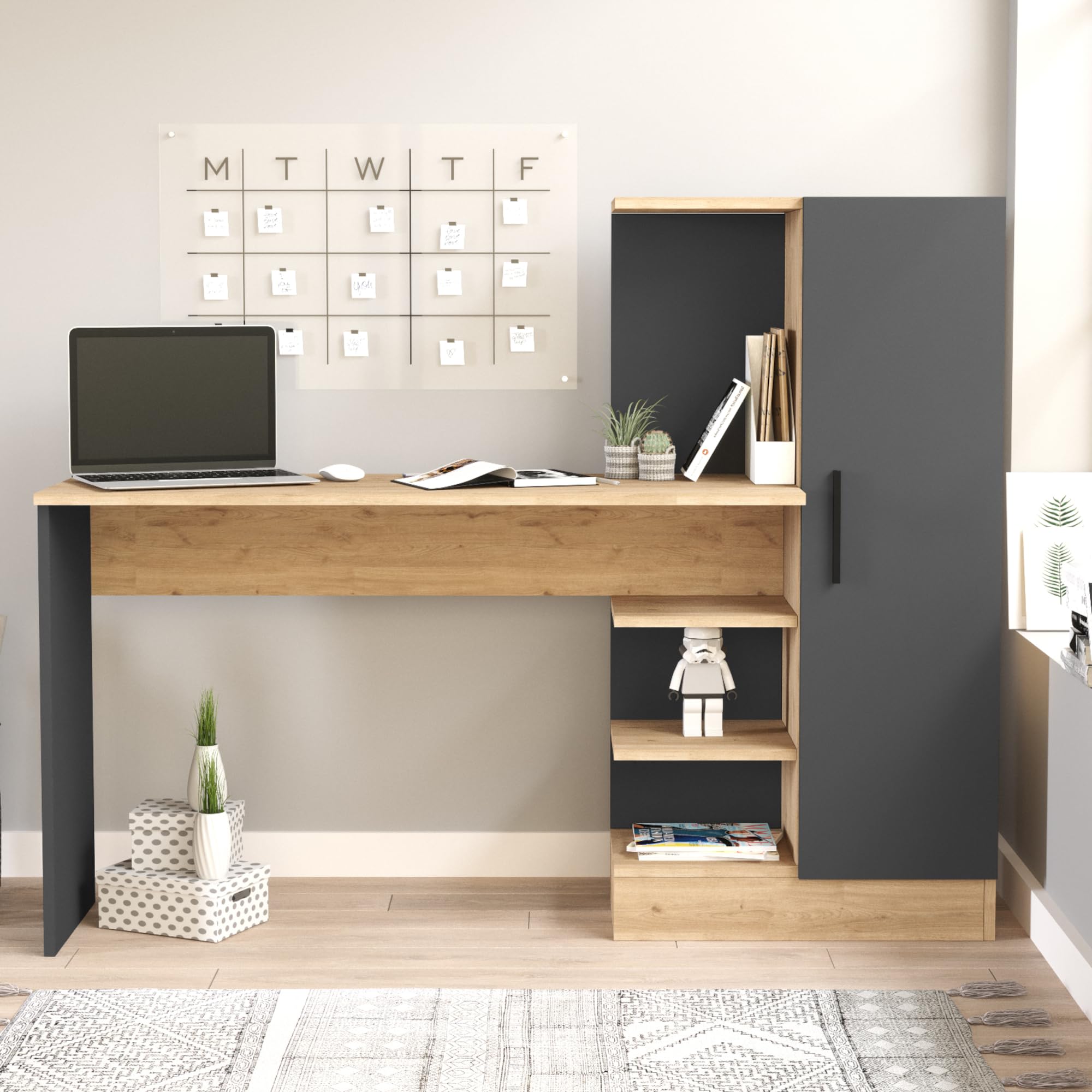 [en.casa] Scrivania con Armadio Integrato e Ripiani Aperti per Cameretta Tavolo da Ufficio Studio Postazione di Lavoro Computer con Piano 120 x 40 cm - Effetto Rovere/Antracite