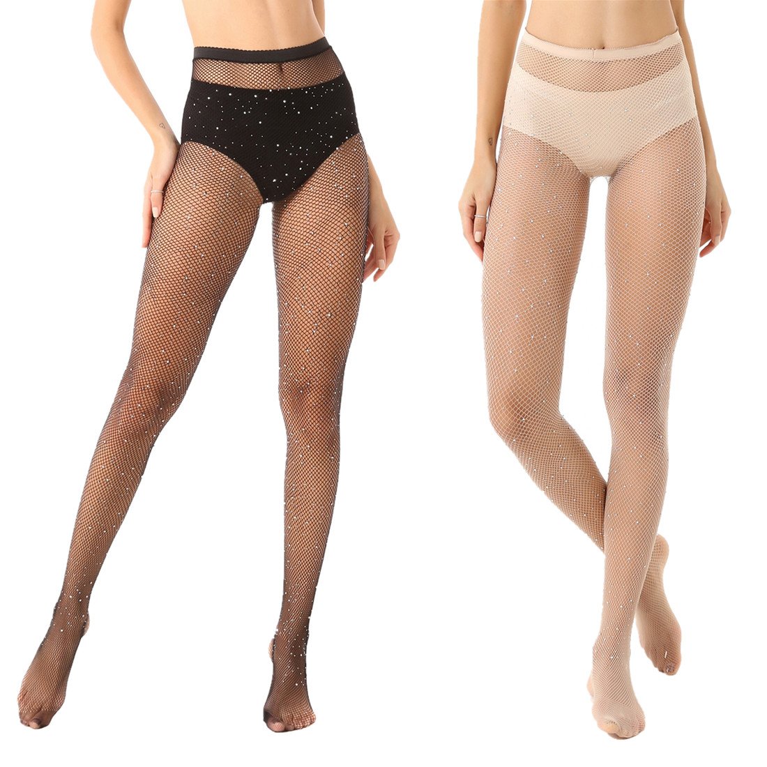 Antner 2 Pack Women's Sparkle Fishnet Tights Rhinestone Glittering Mesh Trendy Stockings, Black and Beige