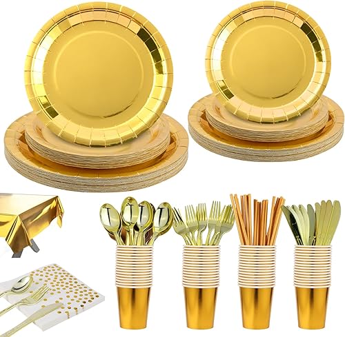 Miniatura 1 de Juego de vajilla desechable de bronce de 175 piezas para fiestas, platos de papel de bronce, servilletas, vasos, tenedores de plástico de bronce,