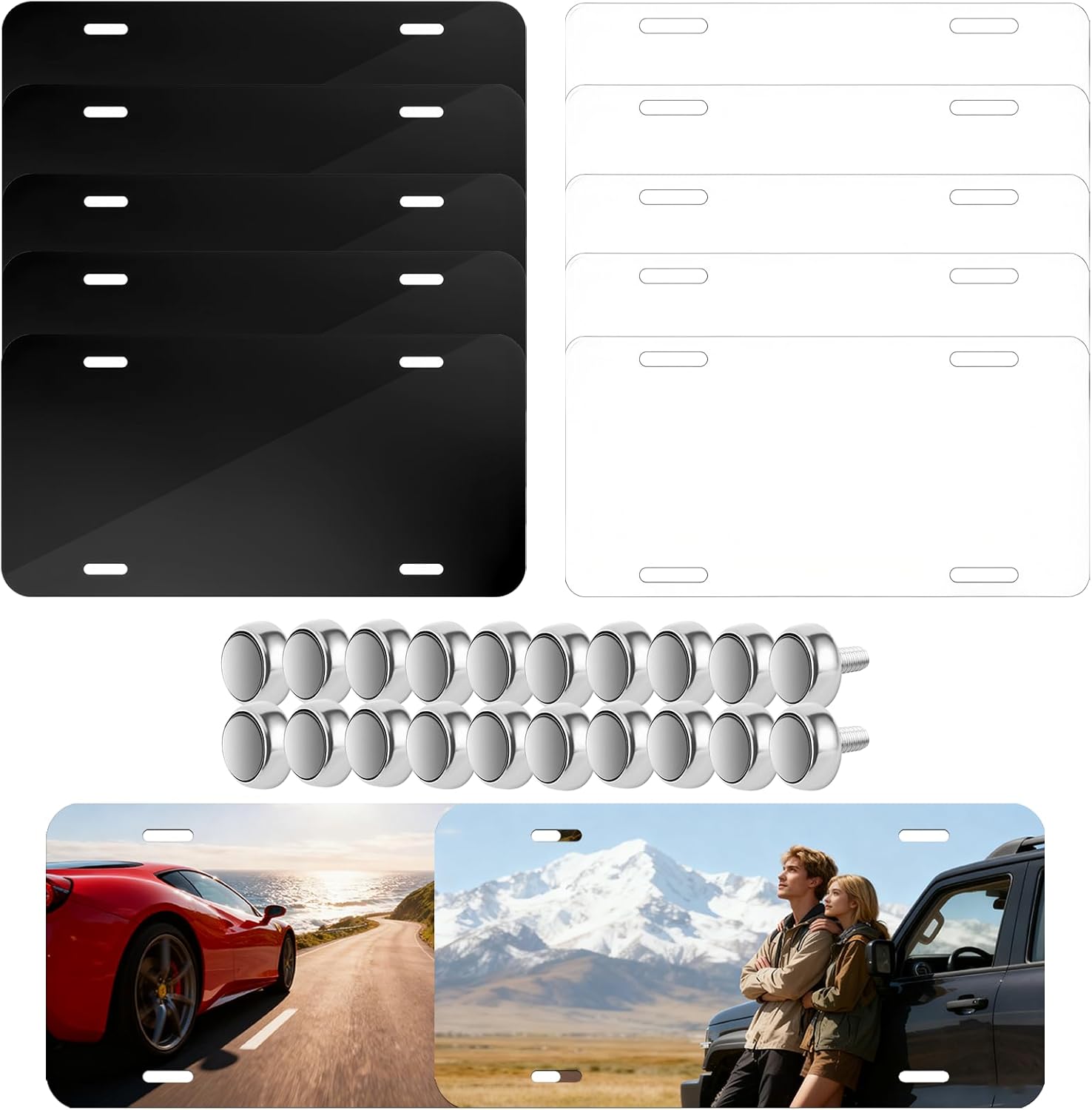 20 Pack Sublimation License Plate Blanks, 10 Black & 10 White, Metal Aluminum DIY Custom License Plates with Screw Sets 0.6mm Sublimation Blank License Plate for Automotive and Home Decoration