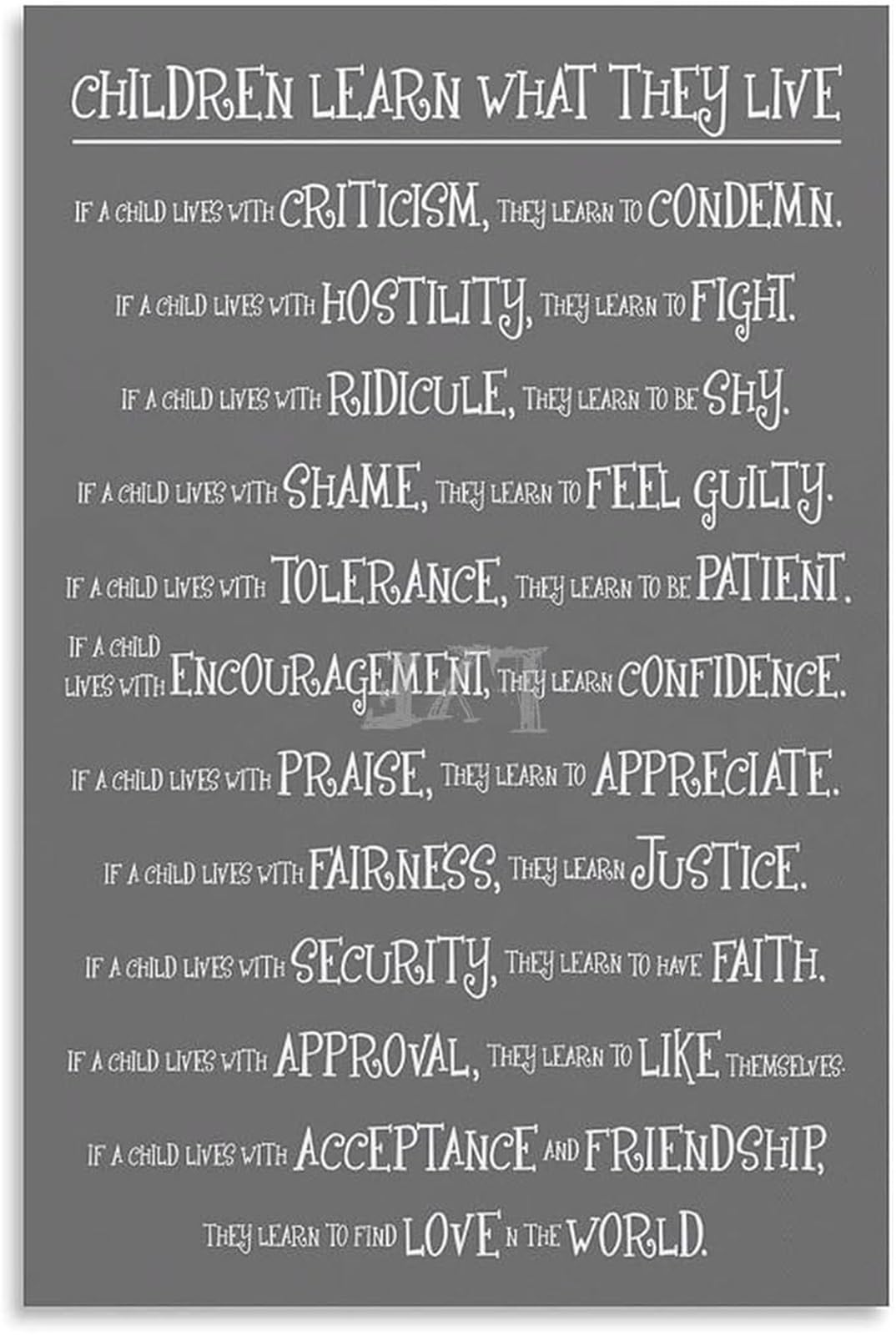 BYLSAGWHT Learn What They Live Poem Poster Inspirational Quote Wall-Art for Nursery Playroom Bedroom Decor
