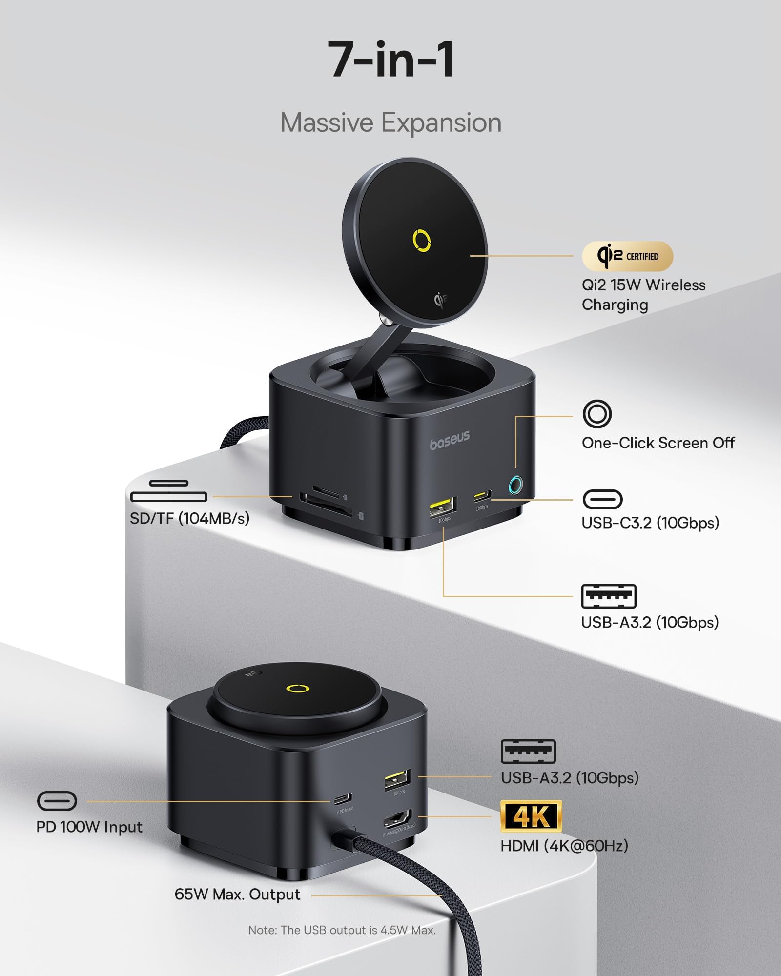 Baseus stacja ładująca i dokująca 7 w 1 Magsafe USB C, z ładowarką bezprzewodową Qi2 15 W, 4K 60 Hz HDMI, 100 W PD, 10 Gbps USB, czytnik kart SD kompatybilny z iPhone 16/15/Mac/Dell/HP/Surface
