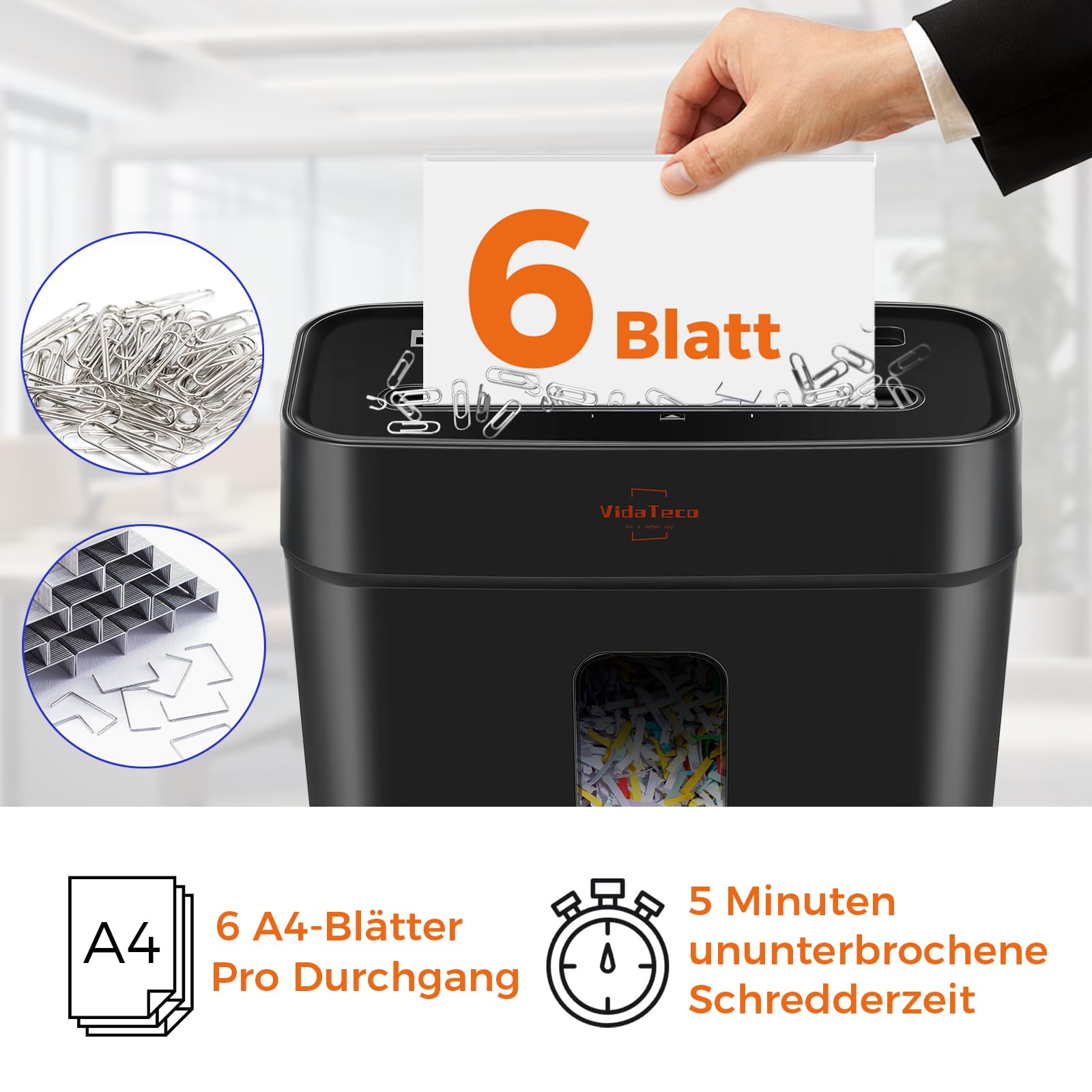 VidaTeco Schredder 6 Blatt Kreuzschnitt P-4 Aktenvernichter Büros und Home | Partikelschnitt Papierschredder für Papier/Kreditkarten,Reisswolf mit Tragbares Griffdesign 11.5L Behälter Schwar