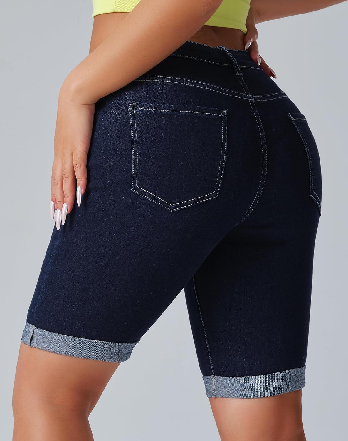 roswear Women's Denim Bermuda Shorts Mid Rise Stretchy Rolled Hem Long Jean Shorts