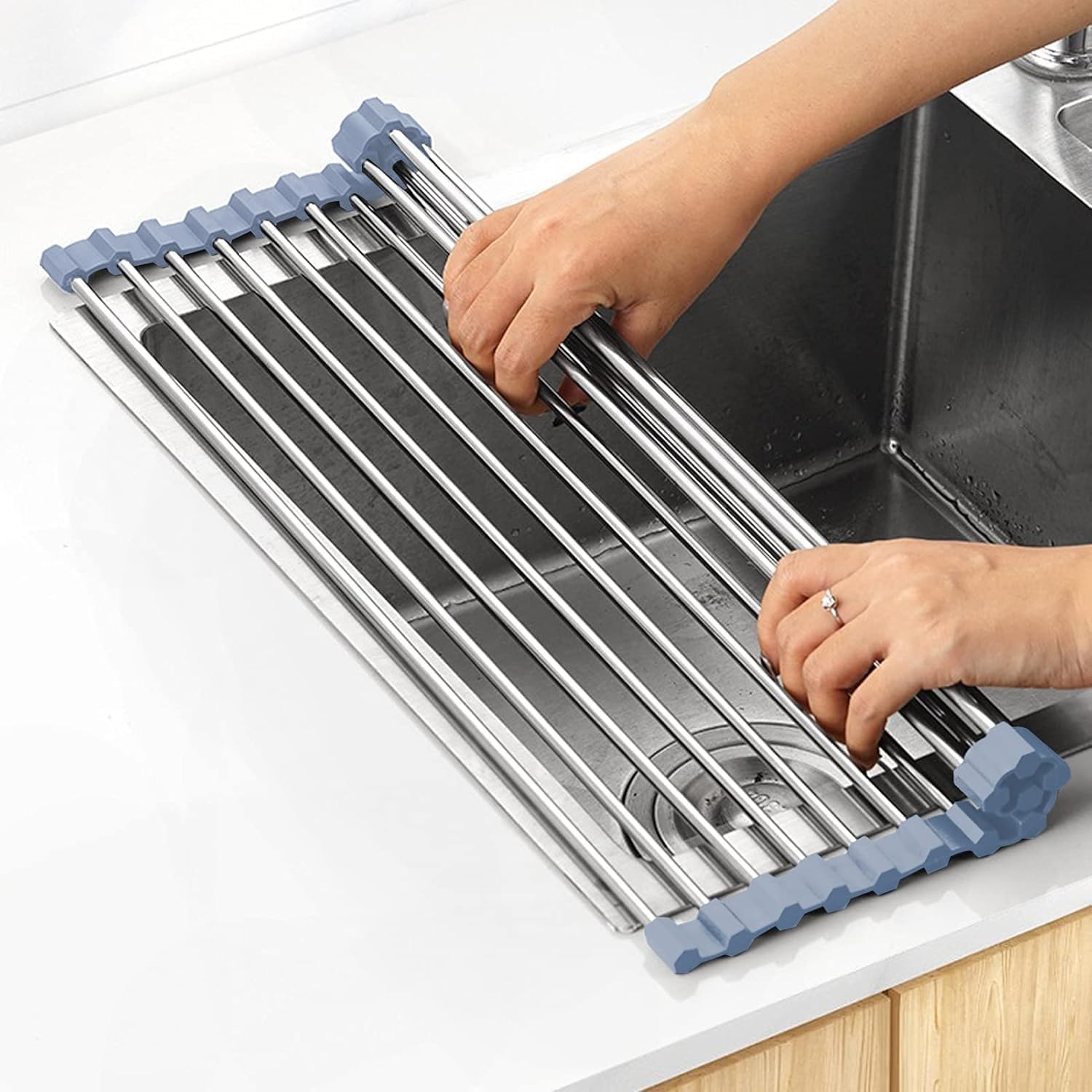 ShivAnanta Foldable Stainless Steel Roll-Up Dish Drying Rack, Fits Across Over Sink Dish Drying Rack | Heat-Resistant Dish Rack for Kitchen Sink for Utensils, Plates, Vegetables & Fruits