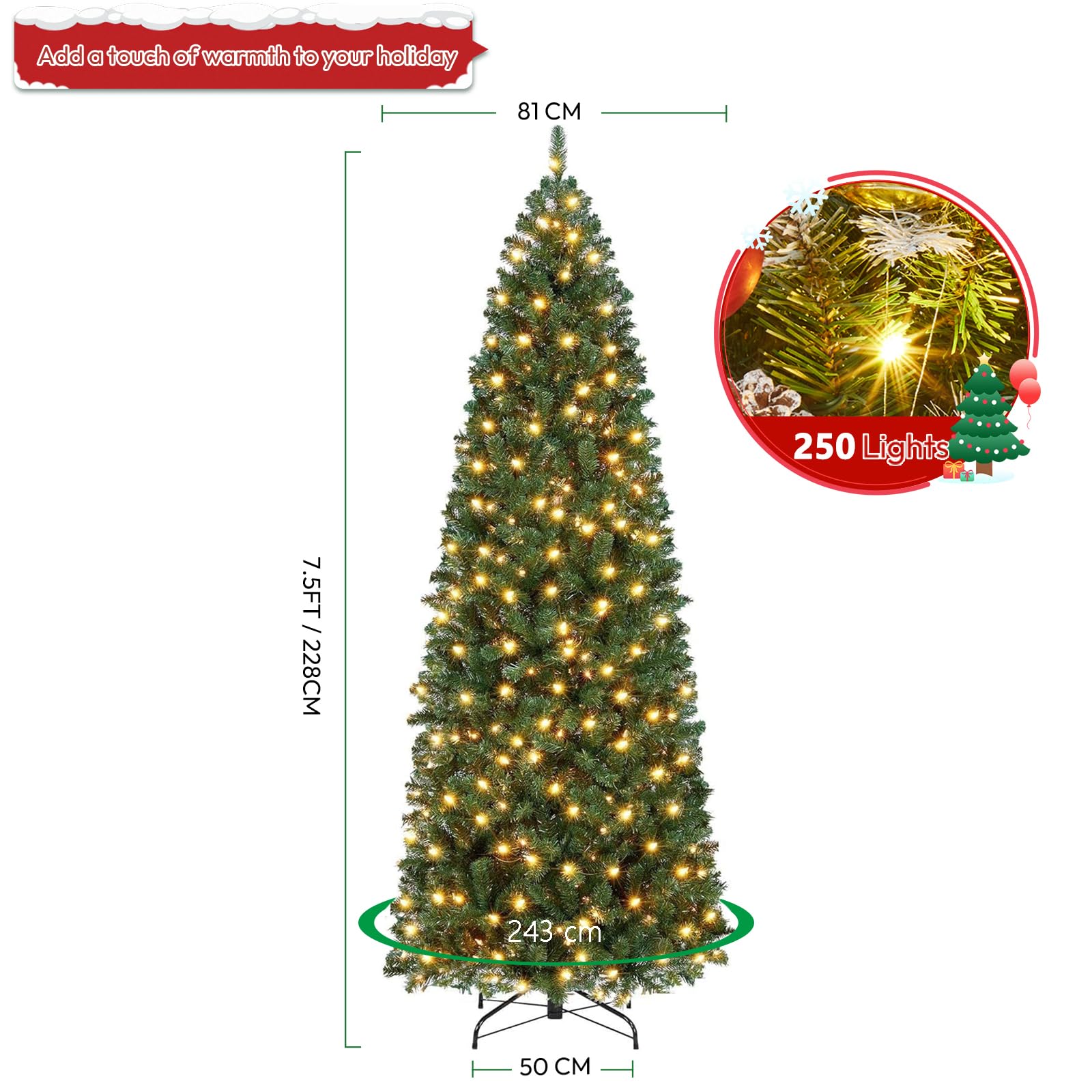 Garvee 230 cm Weihnachtsbaum Künstlich, Tannenbaum Künstlich Mit Metallständer, Christbaum, PVC Tannenbaum Mit 800 Grünen Spitzen, Für Zuhause, Büro, Geschäfte Und Hotels