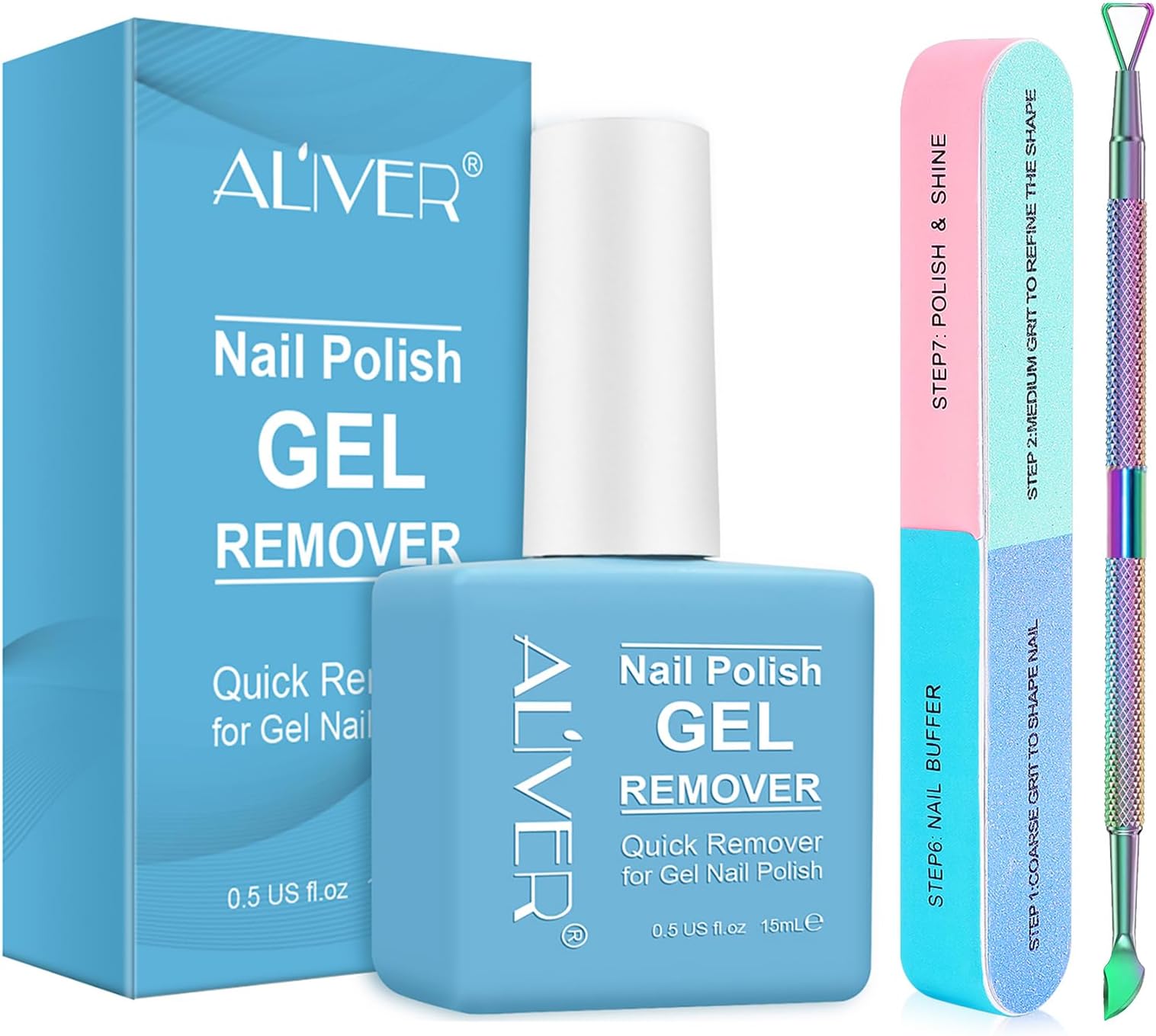 Gel Nail Polish Remover Kit, Gel Polish Remover with Metal Polishes Scraper and Nail File Buffer, Easily Removes Gels Polishes in 2-5 Minute