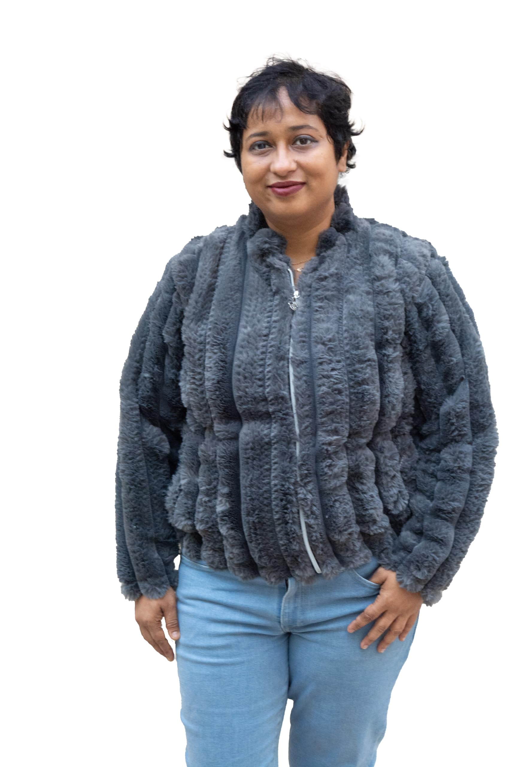 Womens Woolen Grey Self Design Front Open Chinese Collar Sweater with Zipper-image-23