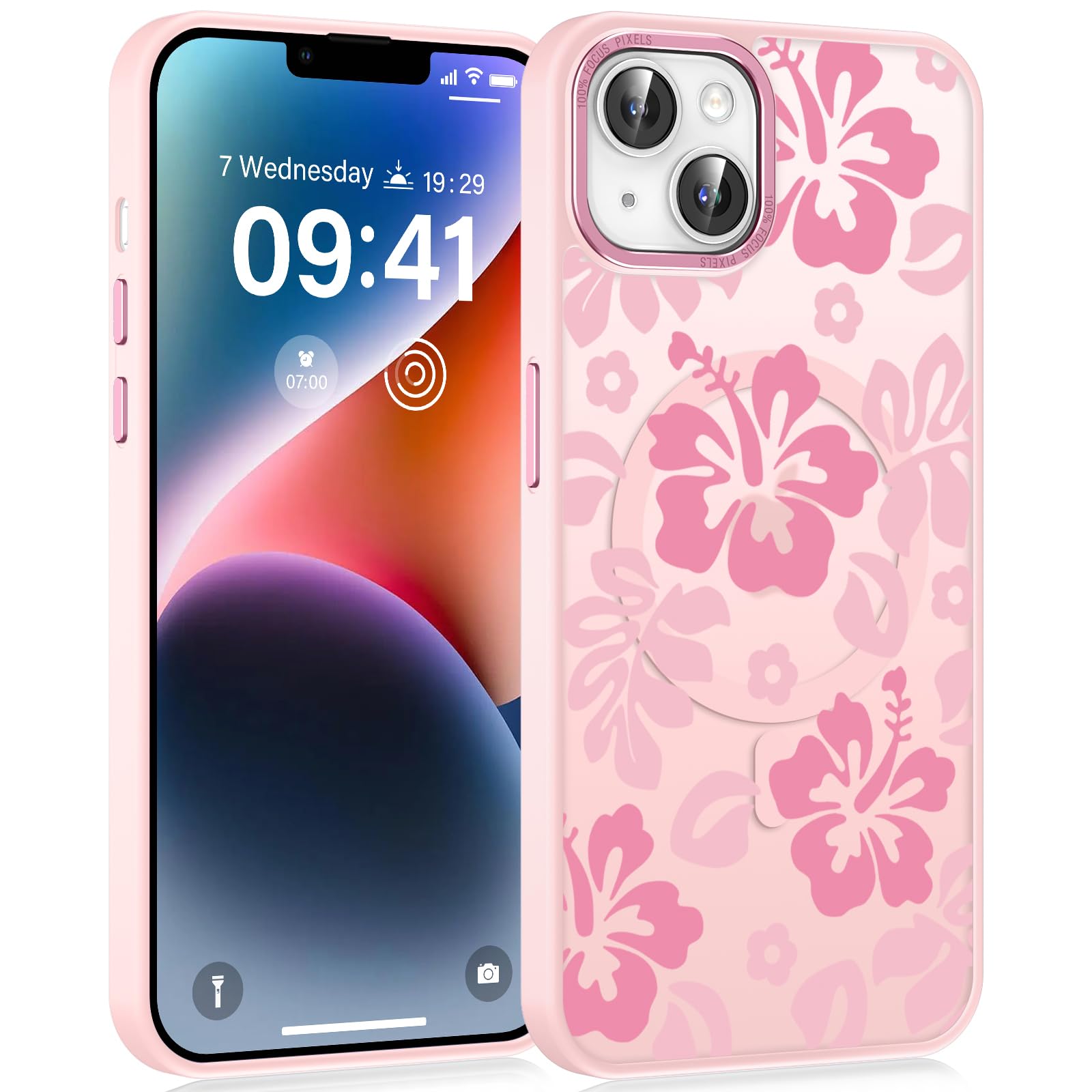 lioscre Pink Cute Hibiscus Flower Phone Case for iPhone 15 6.1", Compatible with MagSafe, Floral Pattern Print Design Magnetic Case for Women Girls