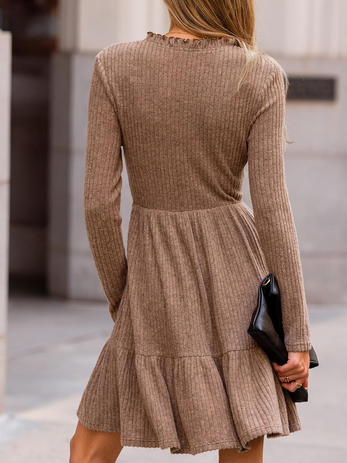 CUPSHE Women's Woven Fall Mini Dress Long Sleeve V Neck Casual Ruffle Sweater Dress - Image 2