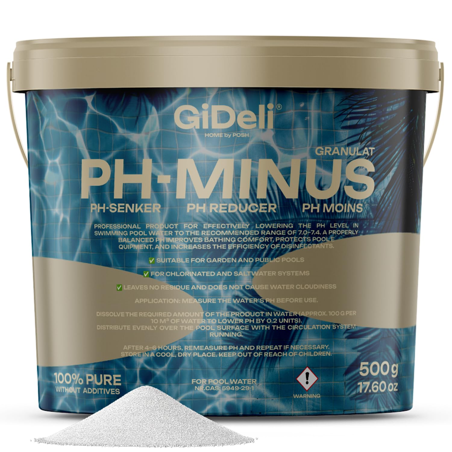 Granulat pH minus 500 g w wiaderku obniża wartość pH w basenie, płyn do pielęgnacji wody z hydromasażem zapewnia krystalicznie czystą wodę, idealny do wszystkich rodzajów basenów, łatwe dozowanie 0,5