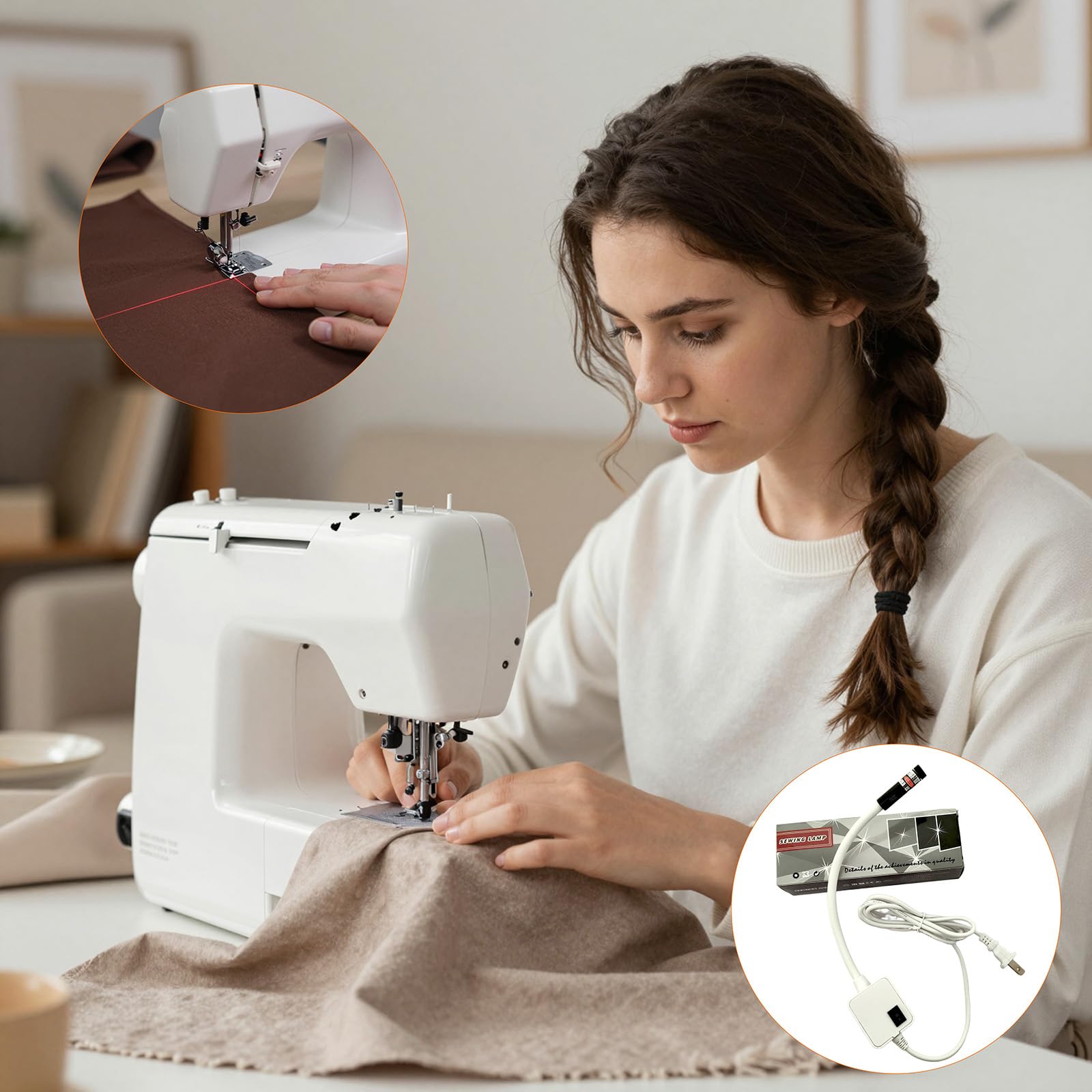 Luce magnetica per macchina da cucire, guida laser rossa per cuciture dritte, strumento di cucitura di precisione a mani libere con collo d'oca flessibile, alimentazione plug-in per una luminosità