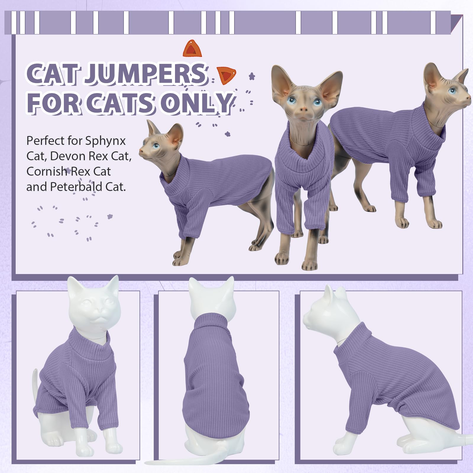 Hairless Cat Sweater, Sphynx Cat Clothes, Kitten Clothes, Breathable Sweaters Cats, Kitten Pullover Sleeves, Cat Jumpers Cats Only, Cat Clothes Sphynx, Cornish Rex, Devon Rex, TaroPurple — view 3