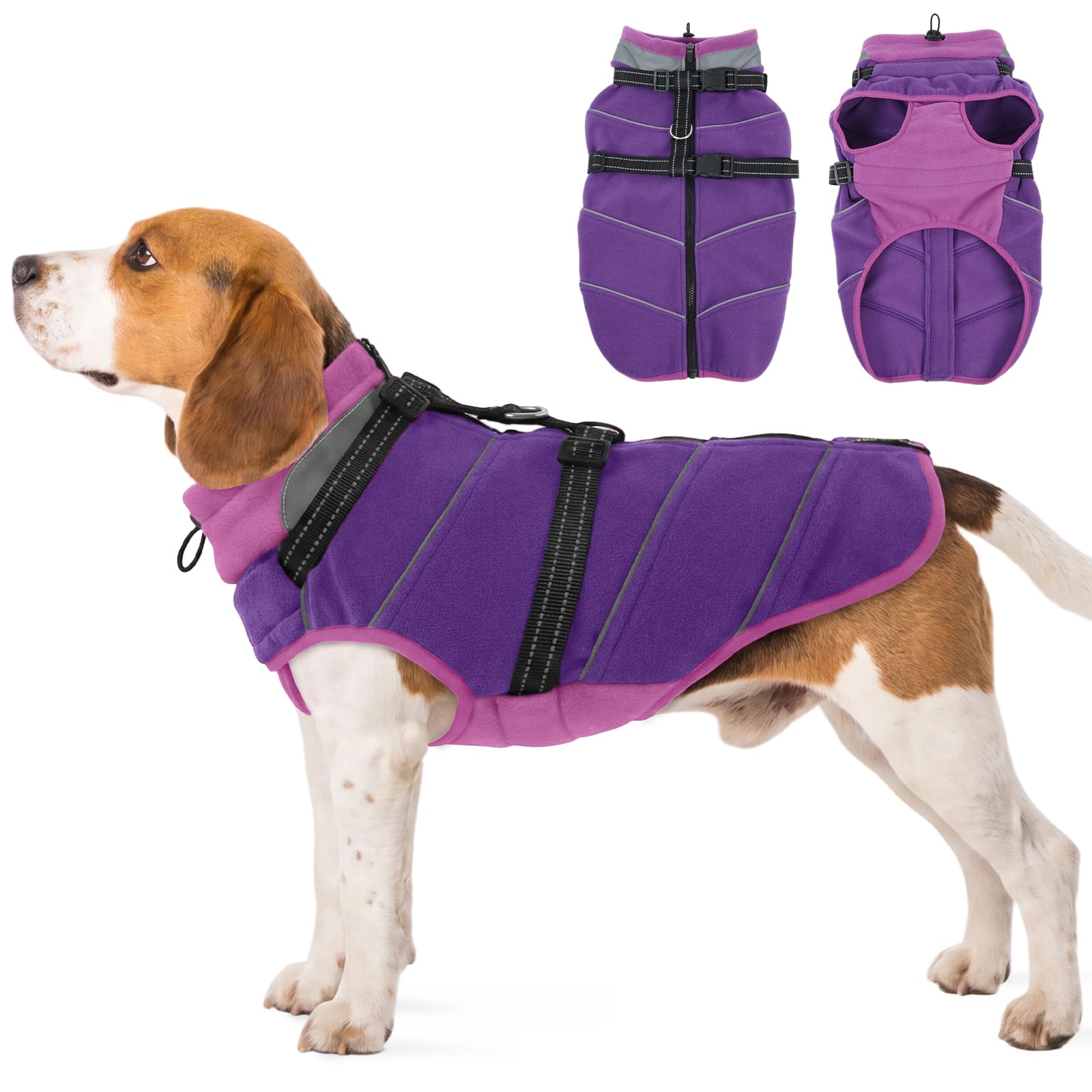 OUOBOB Dog Fleece Coat Built In Harness Reflective Winter Jacket Purple M
