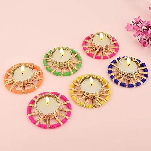 SATVIK - 4 piezas redondas de chakras de metal Dia Festive Diwali Pooja Pujan Portavelas de té Lámpara de aceite para el hogar Mandir Oficina