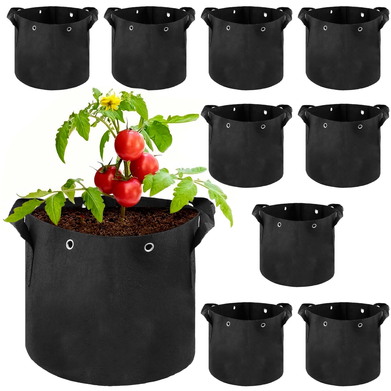 10 Macetas de Tela No Tejida de 12 l, 25 x 22 cm, con Asas, Sacos para Plantas en Macetas, Sacos de Jardín para Patatas, Zanahorias, Tomate