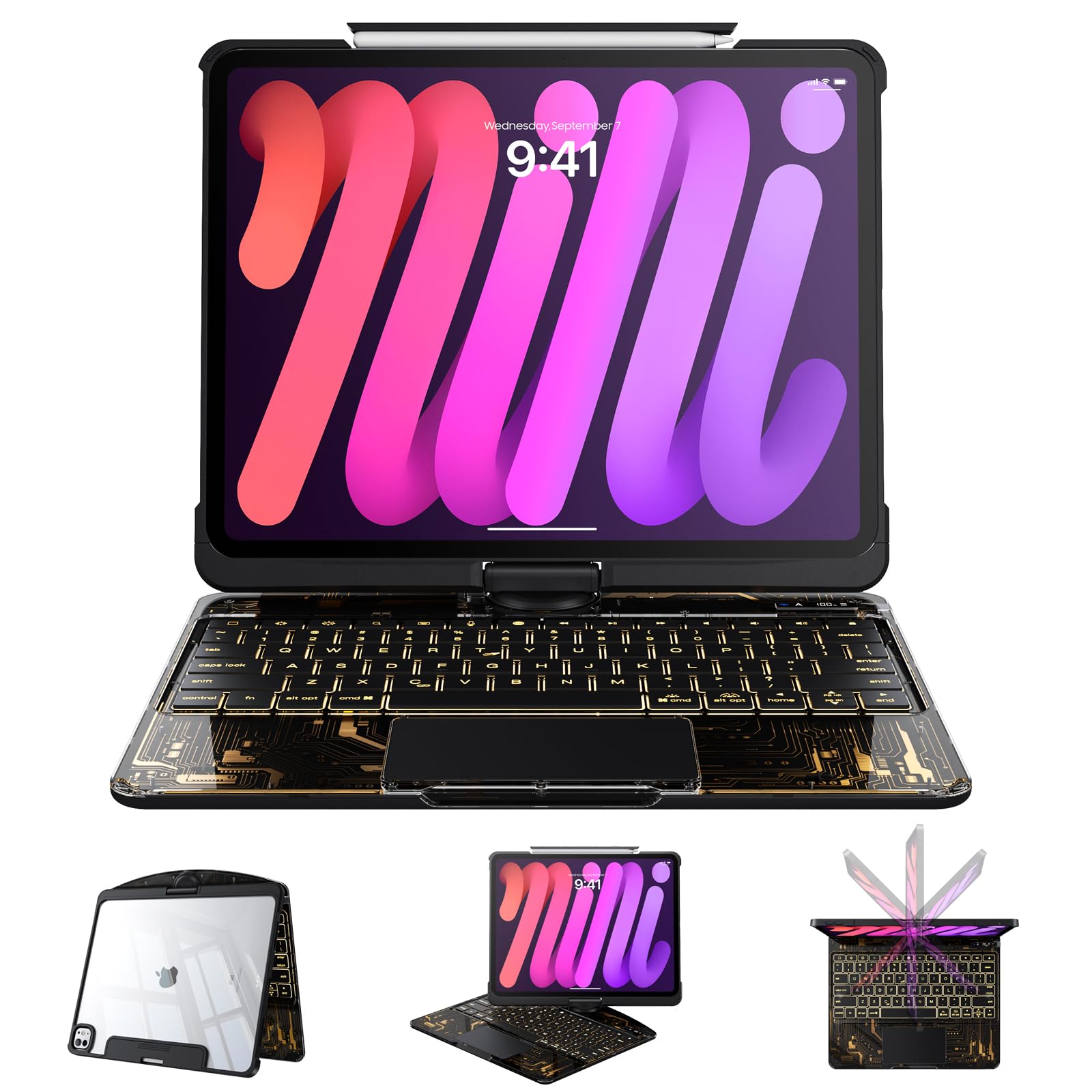 Clear Case with Keyboard for mini 7 A17 Pro(2024) &amp; Mini 6 (2021) 8.3", 360°+180° Rotating iPad Keyboard, LCD Display, Pencil Holder, 7-Color Backlit, Multi-Touch Trackpad, Black