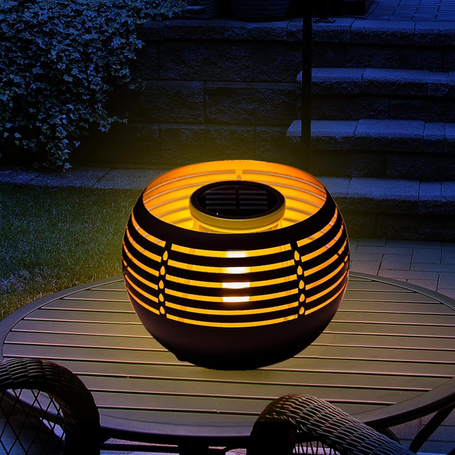 Solar Outdoor Table Lantern, Metal Flame Effect Light, Waterproof Garden Decor, Black (Garden)