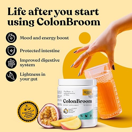 Miniatura 3 de ColonBroom Polvo de cáscara de psyllium con stevia (frutas tropicales)  Limpieza de colon para alivio de la hinchazón y salud intestinal  Bebida en