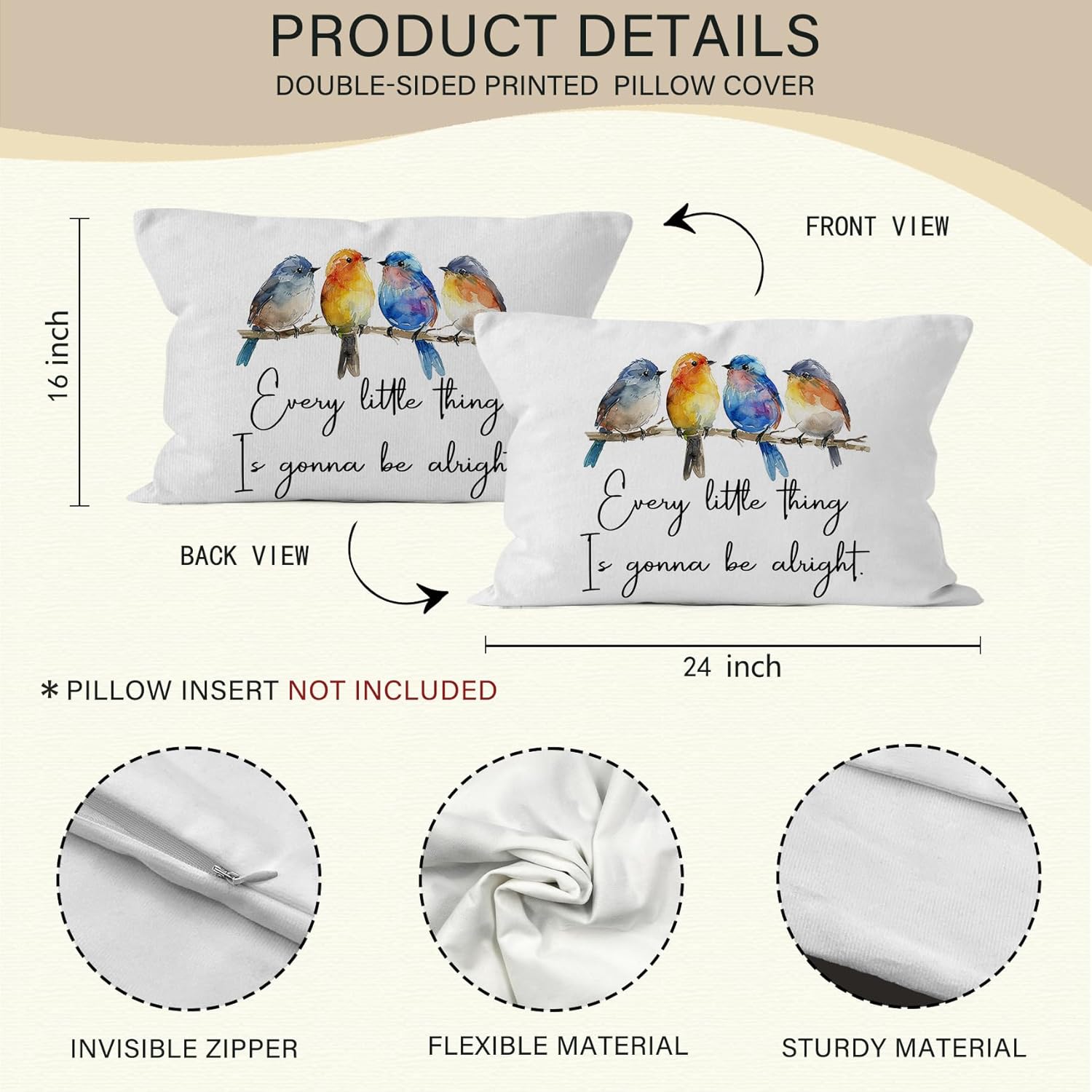 Inspirational Bird Throw Pillow Covers 16x24, Every Little Thing is Gonna Be Alright Positive Quotes Decorative Pillow Covers for Home Bedroom, Motivational Gifts Accent Pillows Cover Pillowcases - Image 7