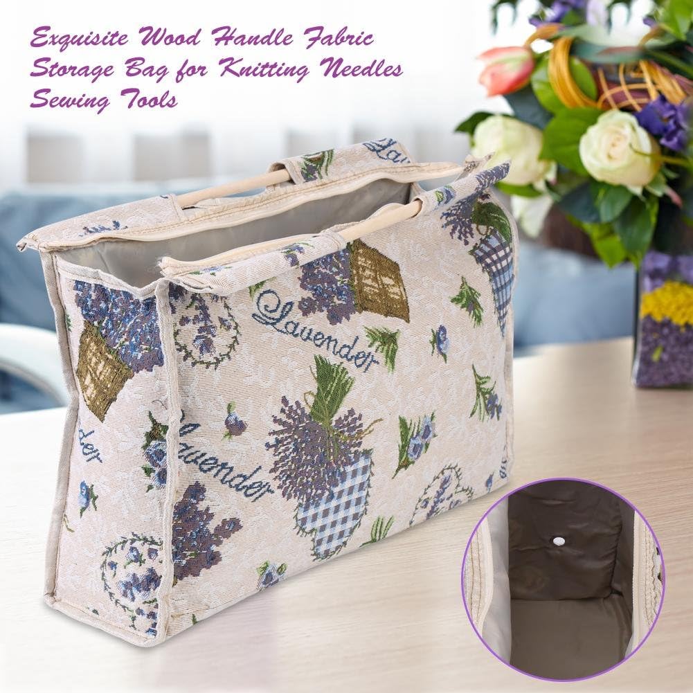 Vikye Knitting Bag, Woven Fabric Storage Bag with Wooden Handle for Sewing Tools for Knitting Needles (Blue Flower) - Image 4