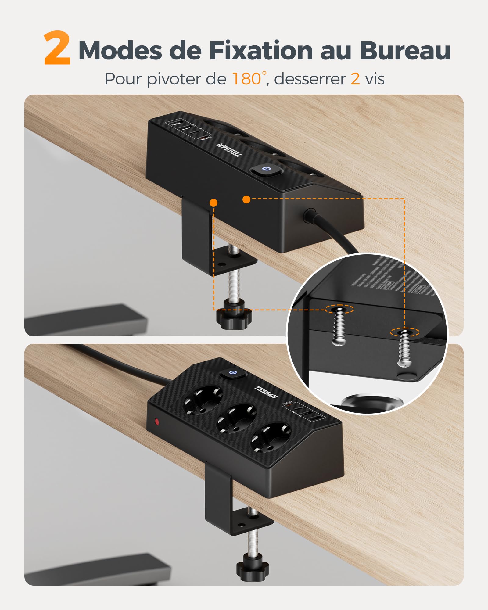 TESSAN Gniazdko stołowe z USB C (PD 20 W), z 3 gniazdami i 4 portami USB, listwa zasilająca 4000 W z zabezpieczeniem przed przeciążeniem i przedłużaczem 1,8 m, nadaje się do biura, czarna