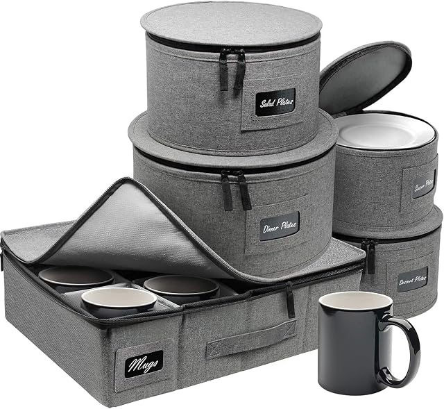 Sorbus China Dinnerware Storage Organizer Hard Shell 5-Piece Set for Protecting or Transporting  Service for 12  Round Plate and Cup holder with Quilted Felt for Plate Dividers (Gray)