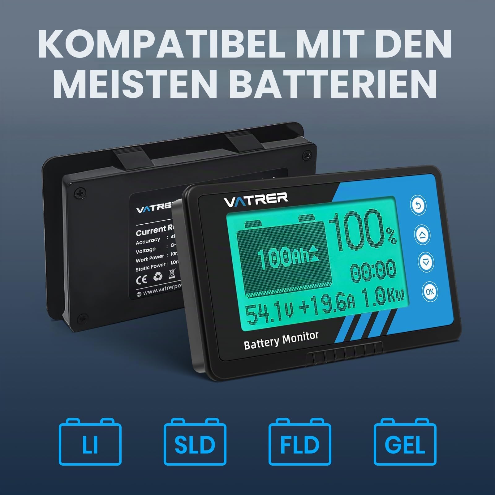 VATRER POWER 500A Batteriemonitor mit Shunt für 8–120V Batterien | 500A Shunt · LCD mit Hintergrundbeleuchtung · Summeralarm · Für LiFePO4 & Blei-Säure