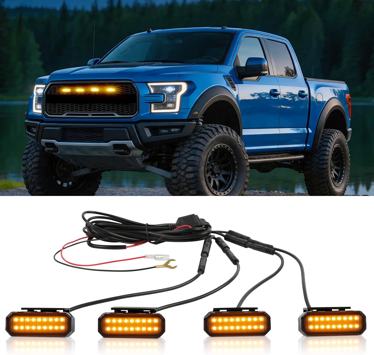 DREAMOTOR 4PCS Amber Front Grille Light Clip on Car Universal Grille Light Fog Light with Wiring Harness and Fuse Grill Lights for Trucks Compatible with Ford Dodge Ram Toyota Tundra Tacoma