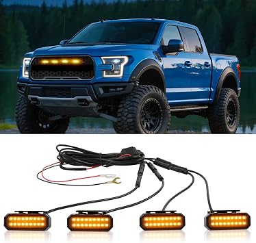 DREAMOTOR 4PCS Amber Front Grille Light Clip on Car Universal Grille Light Fog Light with Wiring Harness and Fuse Grill Lights for Trucks Compatible with Ford Dodge Ram Toyota Tundra Tacoma