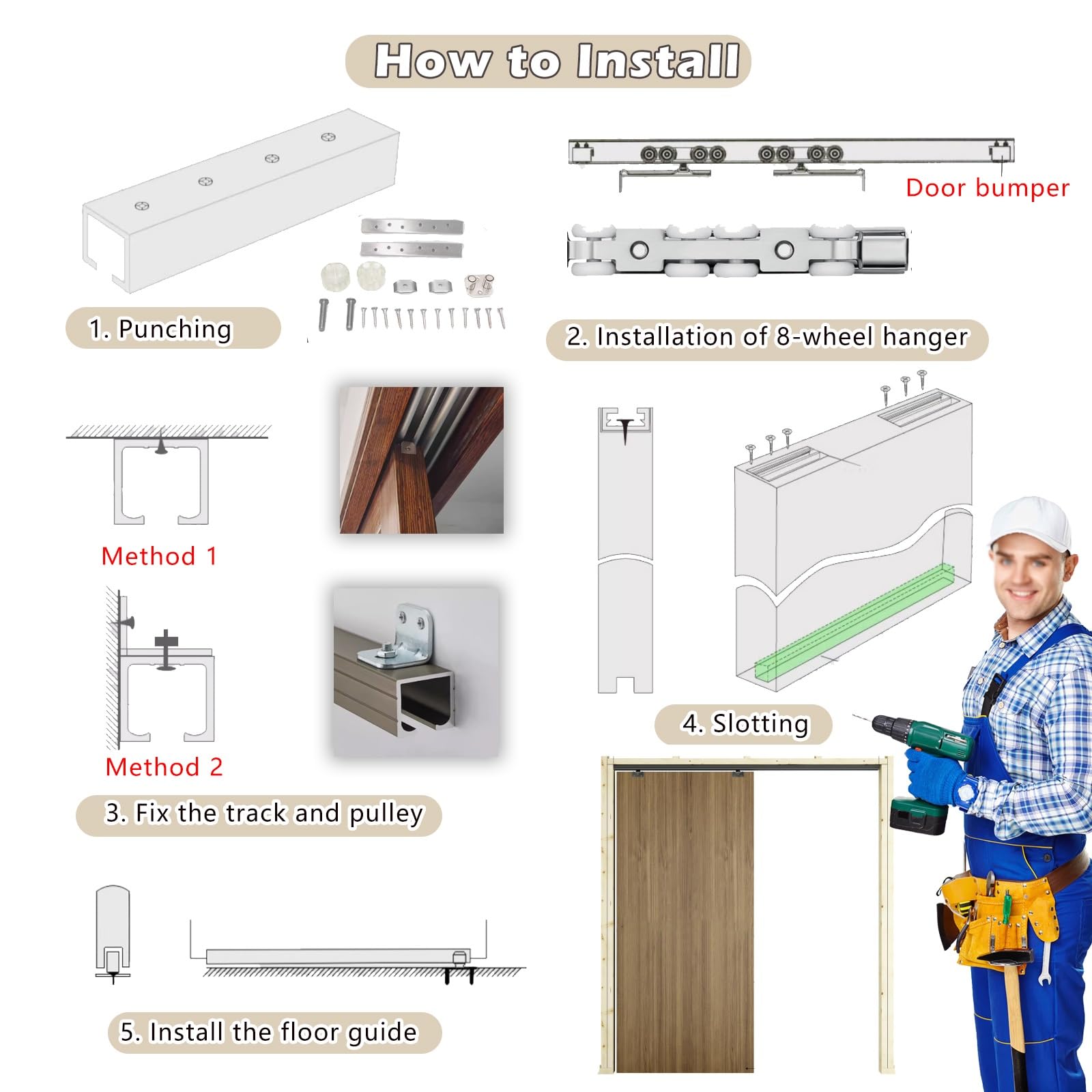 Aluminiowy zestaw 2-drzwiowy, 1 m6 m, regulowany, brązowy, niewidoczny sprzęt do drzwi wewnętrznych, 3,7 m