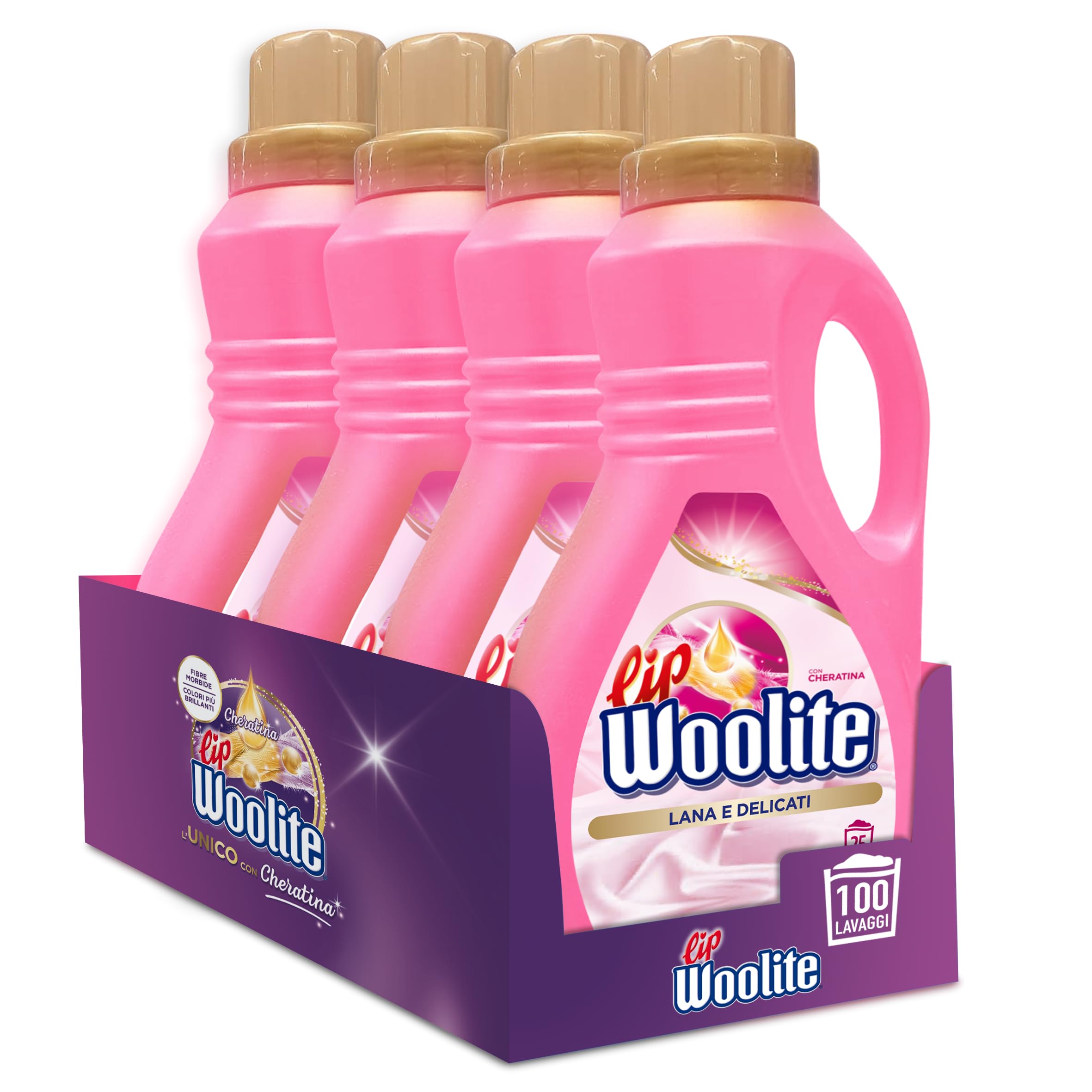 Lip Woolite Detersivo Lavatrice Lana e Delicati 25 Lavaggi, 4 Confezioni da 1500 ml di Detersivo Lavatrice Liquido Lana e Delicati con Cheratina