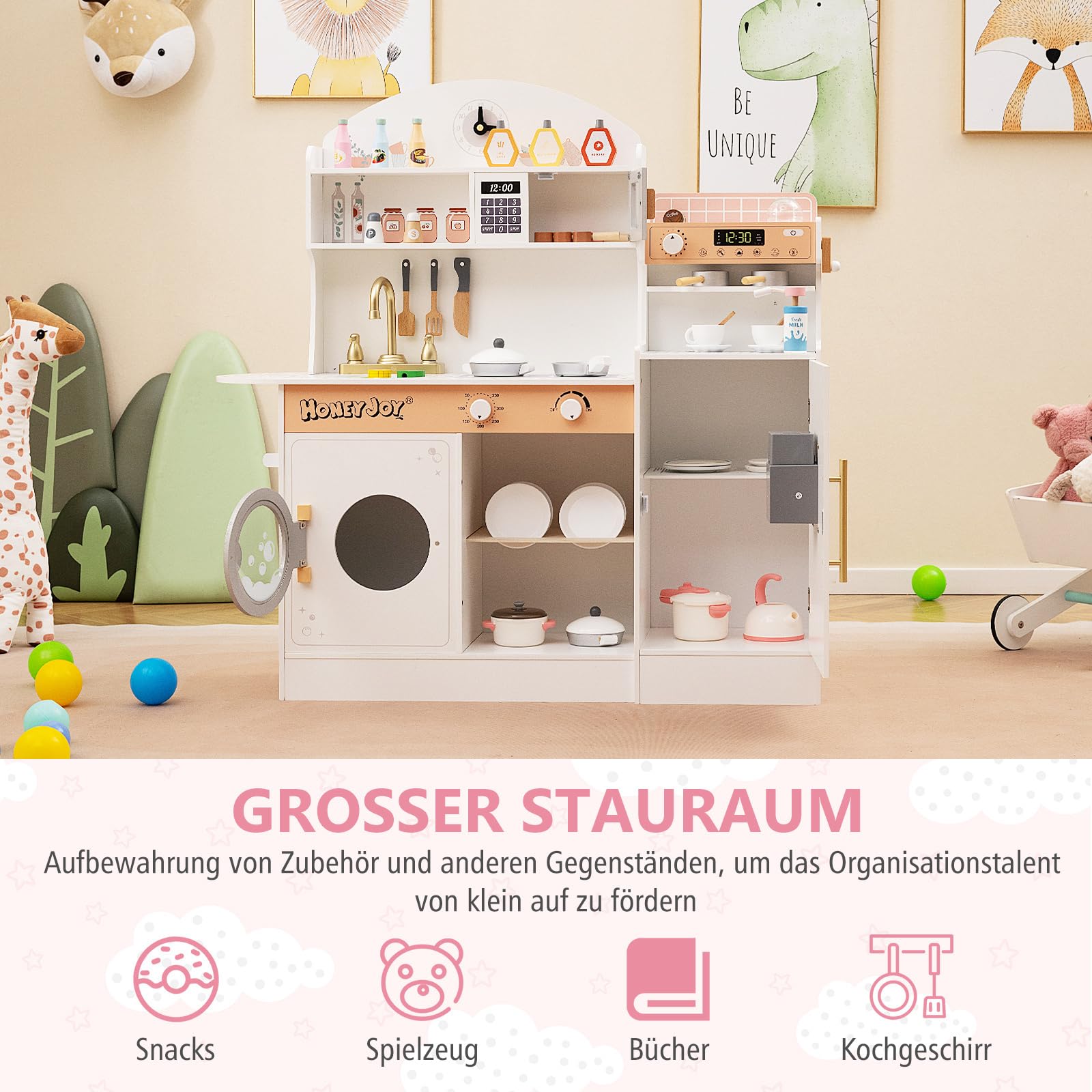 COSTWAY Kinderküche mit 27 Zubehör, Spielküche Holz mit Uhr Mikrowelle Spüle EIS- & Kaffeemaschine Geschirrständer und Waschmaschine, Spielzeugküche für Kinder ab 2 Jahren (Weiß)