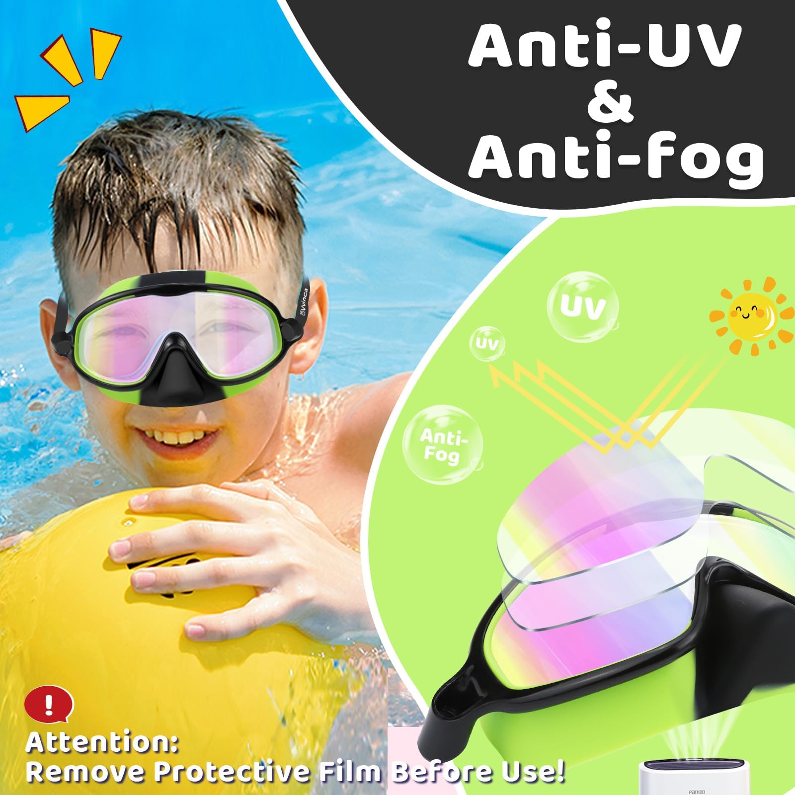 Vvinca Lot de 2 lunettes de natation pour enfants avec cache-nez, masque de plongée large vue anti-buée, UV, anti-éclats pour enfants de 3 à 6 ans
