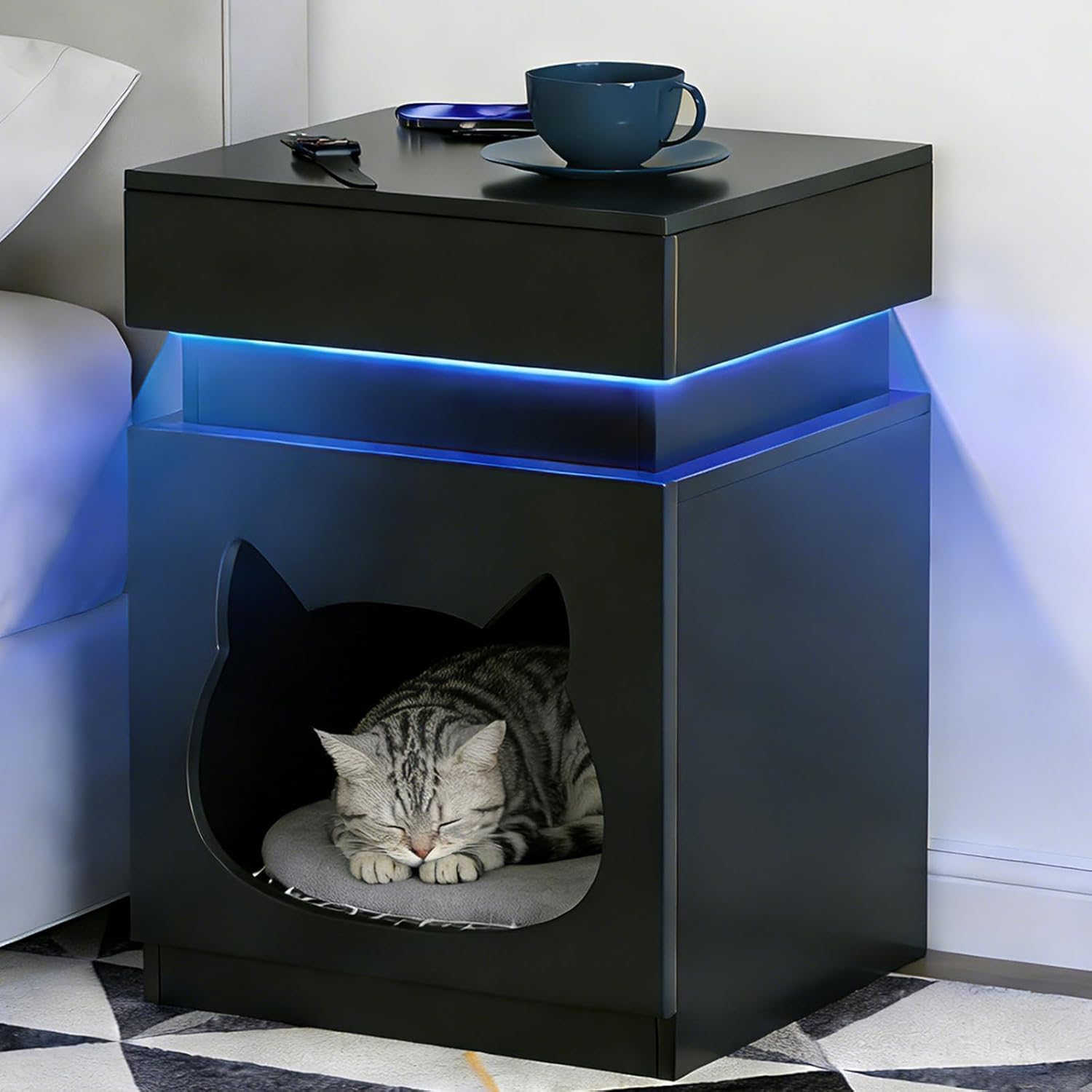 Night Stand with Charging Station, Wooden Bedside Table with LED Lights, Dark Grey Nightstand with Sliding Drawer, Modern End Table with Storage Space for Bedroom, Office, Courtyard