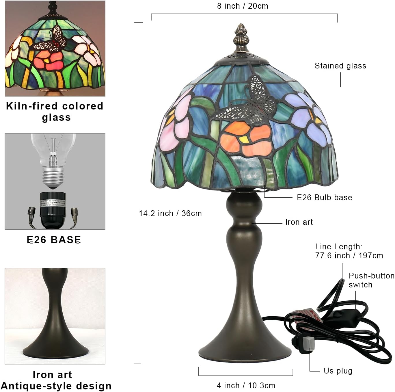 Tiffany Table Lamp,8 Inch Stained Glass Table Lamp,Small Antique Style Lamp,Living Room Bedroom Bedside Nightstand Desk Lamp(Butterfly Tricolor Flower)