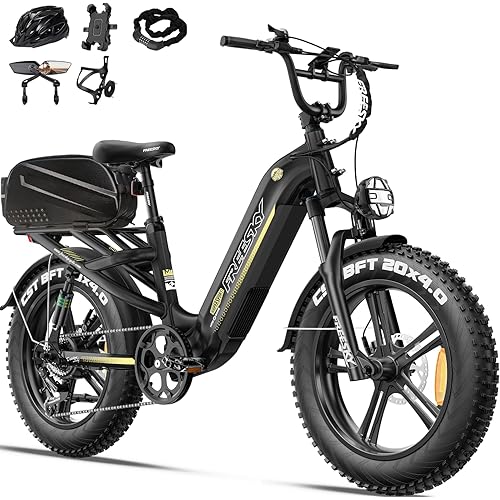 FREESKY Step-Thru Commuter Electric Bike for Adults 1500W Power Motor 32MPH,25Ah Samsung Cell Battery Up to 105 Miles Long Range 20x4 All-Terrain Fat Tires Full Suspension Ebike for Women & Men