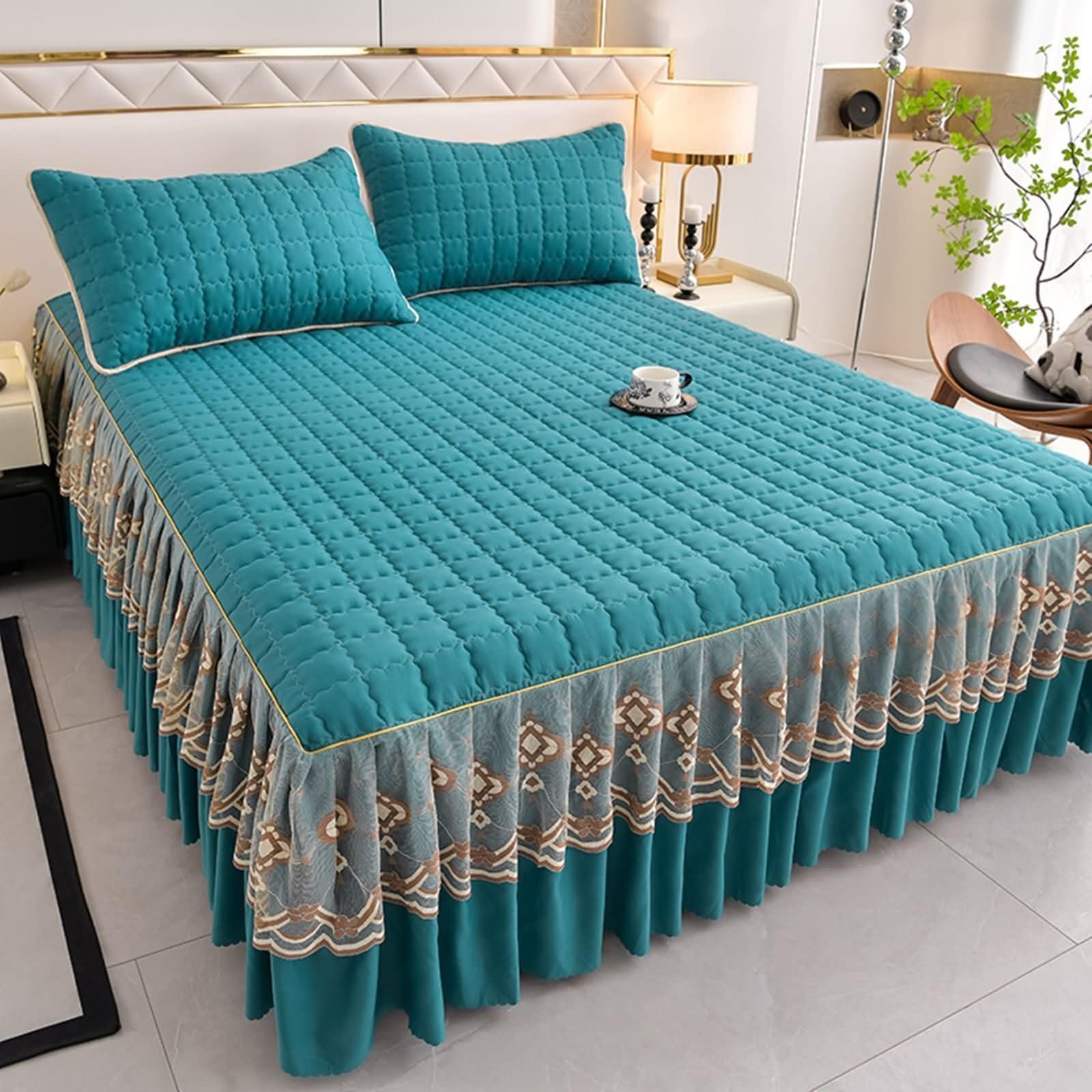 Spannbetttücher Polyester Baumwolle, Einfarbige Farbe mit Gesticktem Spitzenmuster, 200 x 220 cm, Spannlaken Blau